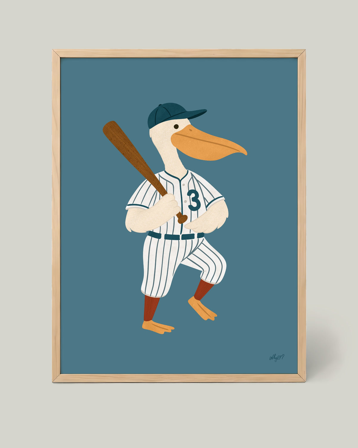 Baseball Pelican Poster framed in a natural wood frame