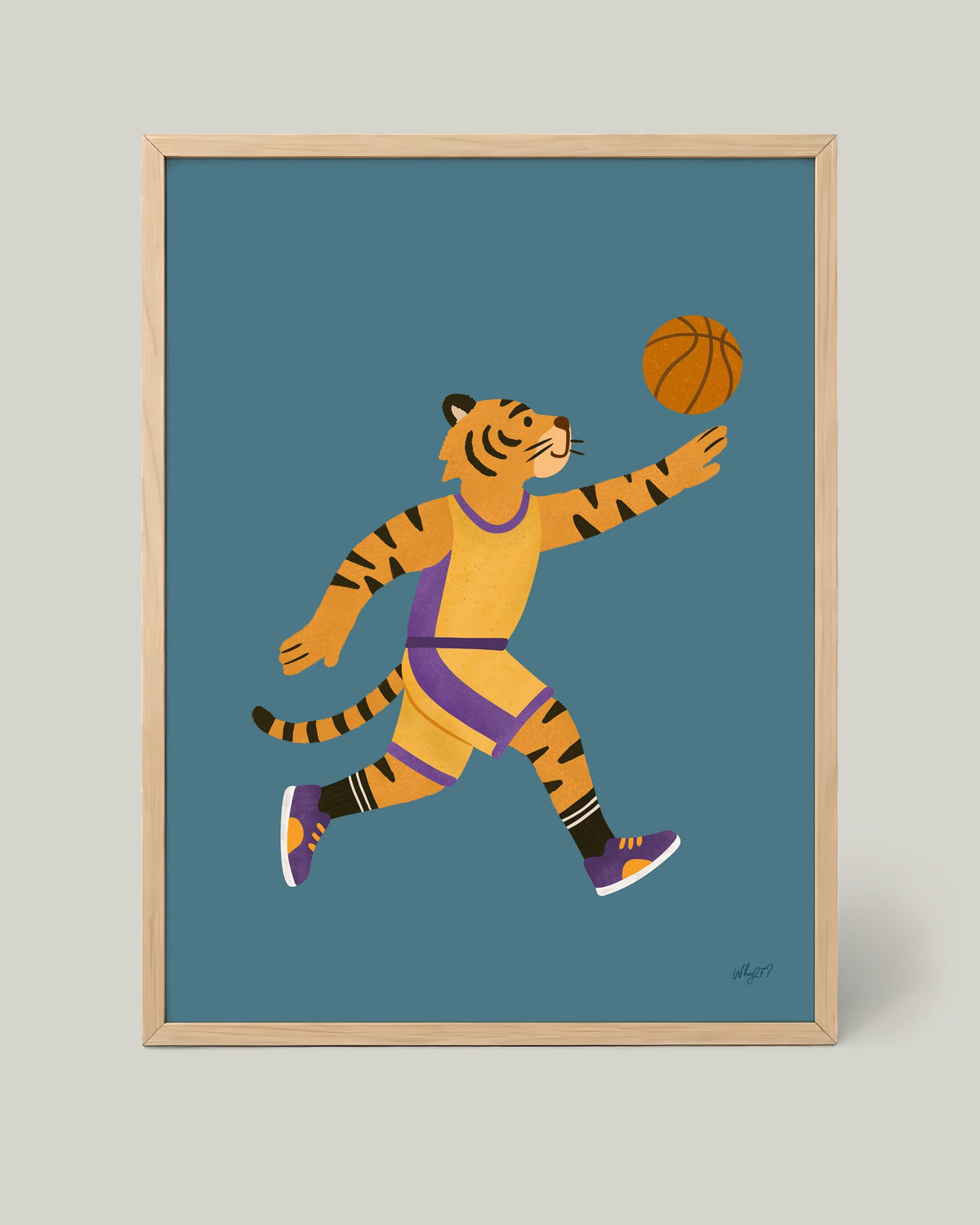 Basketball Tiger Poster framed in a natural wood frame