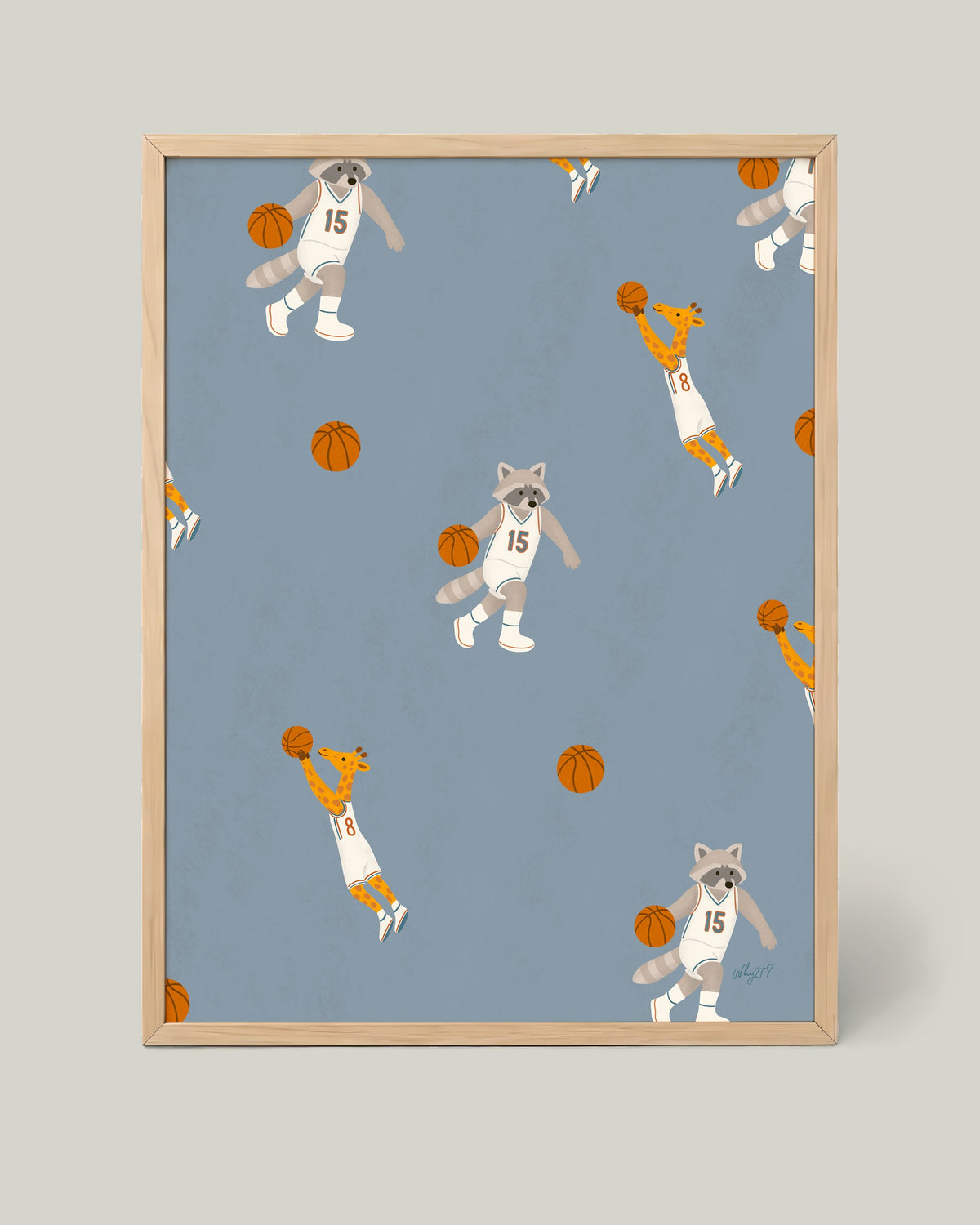 Basketball Animals Pattern Poster framed in a natural wood frame
