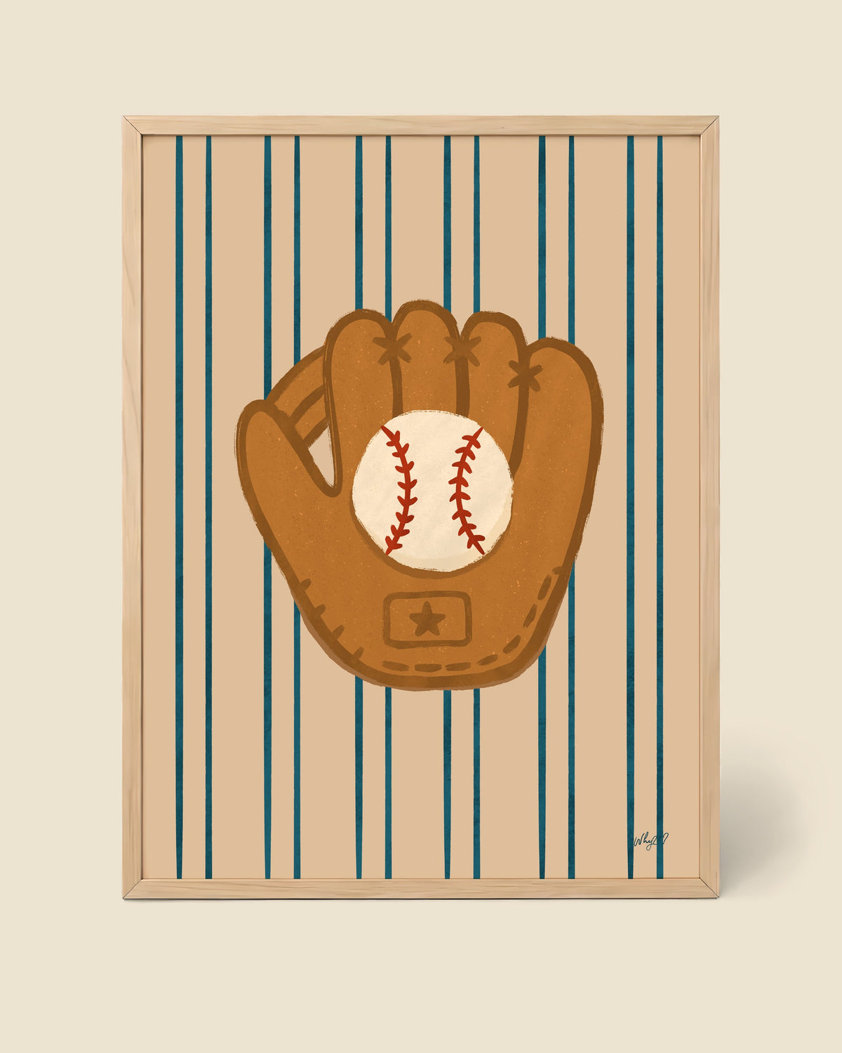 Baseball Glove Poster framed in a natural wood frame