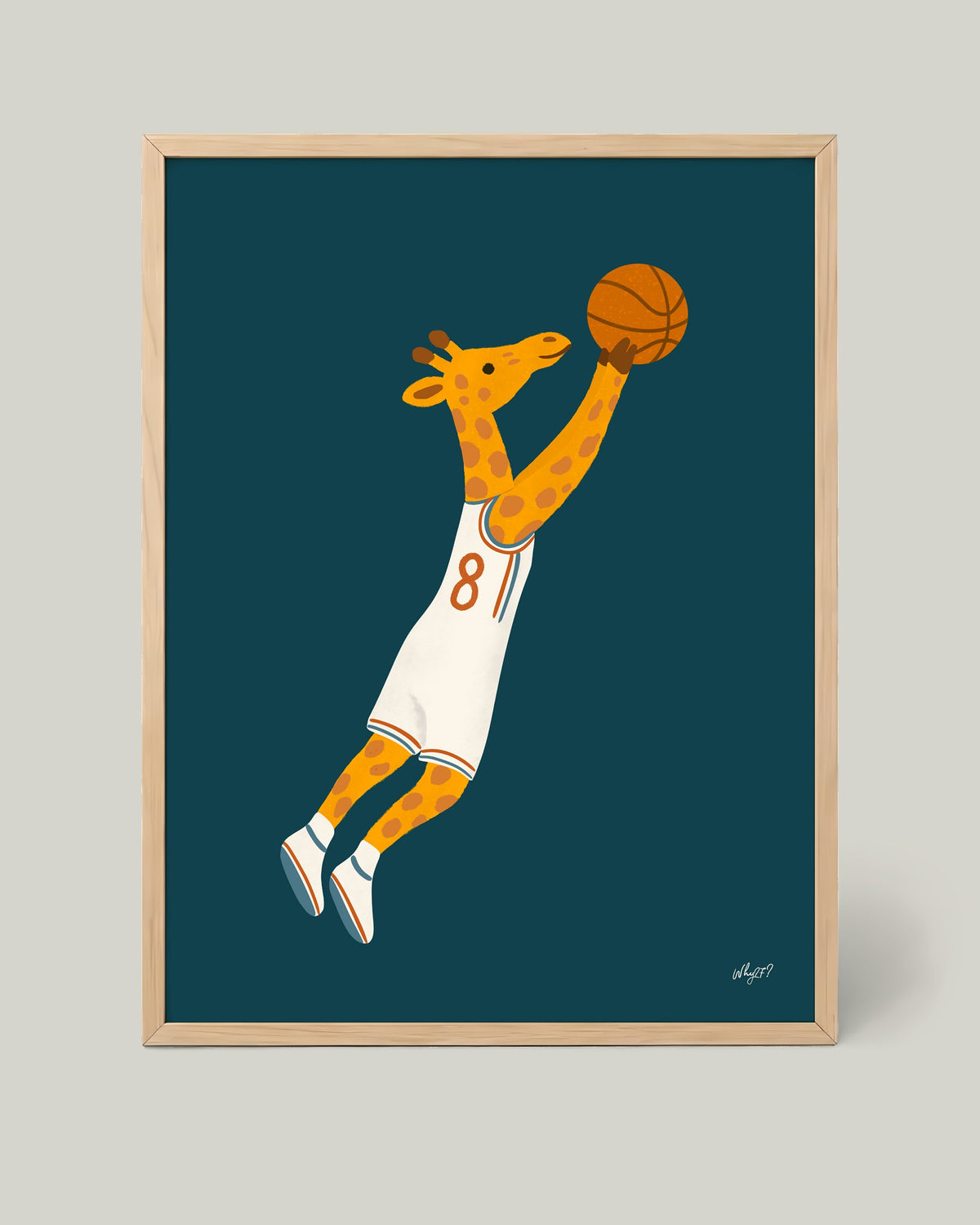 Basketball Giraffe Poster framed in a natural wood frame