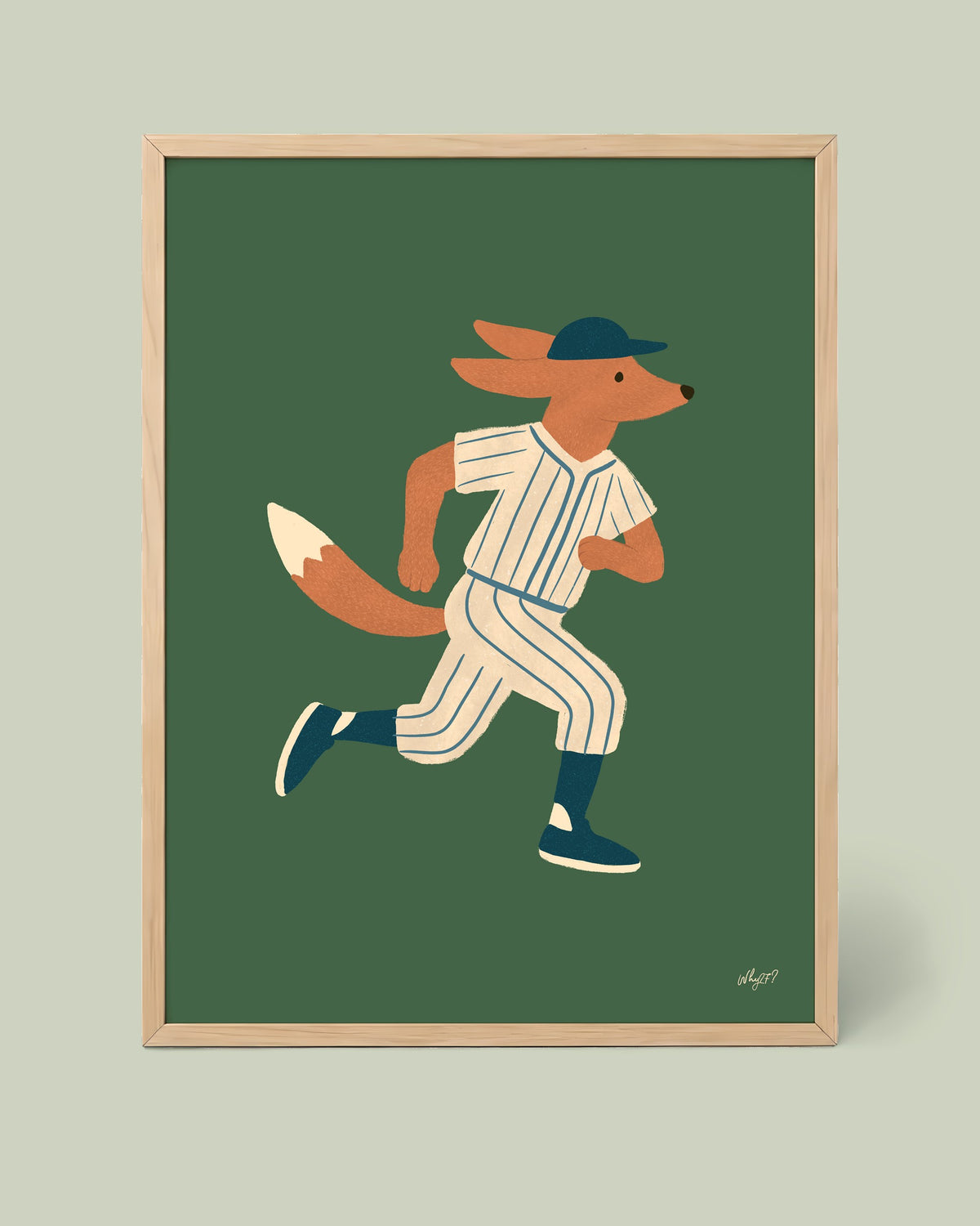 Baseball Fox Runner Poster framed in a natural wood frame