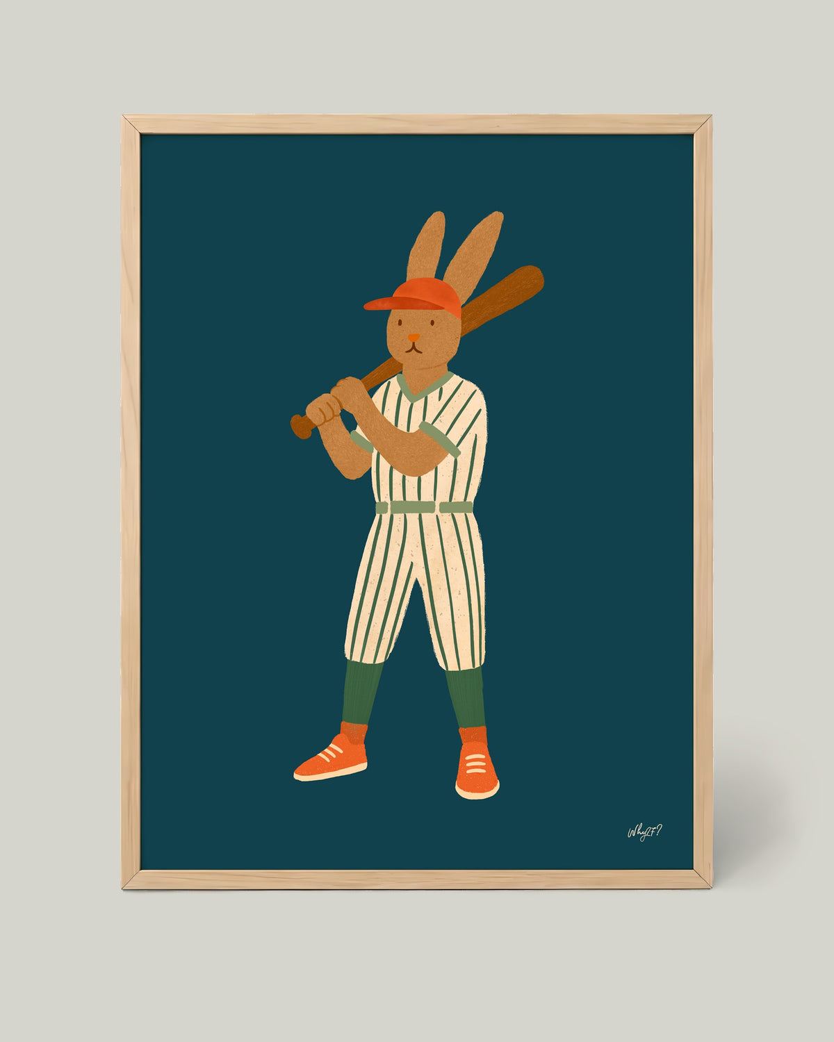 Baseball Rabbit Player Poster framed in a natural wood frame