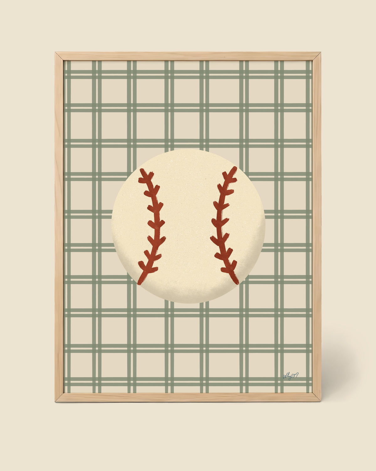 Baseball Ball Poster framed in a natural wood frame