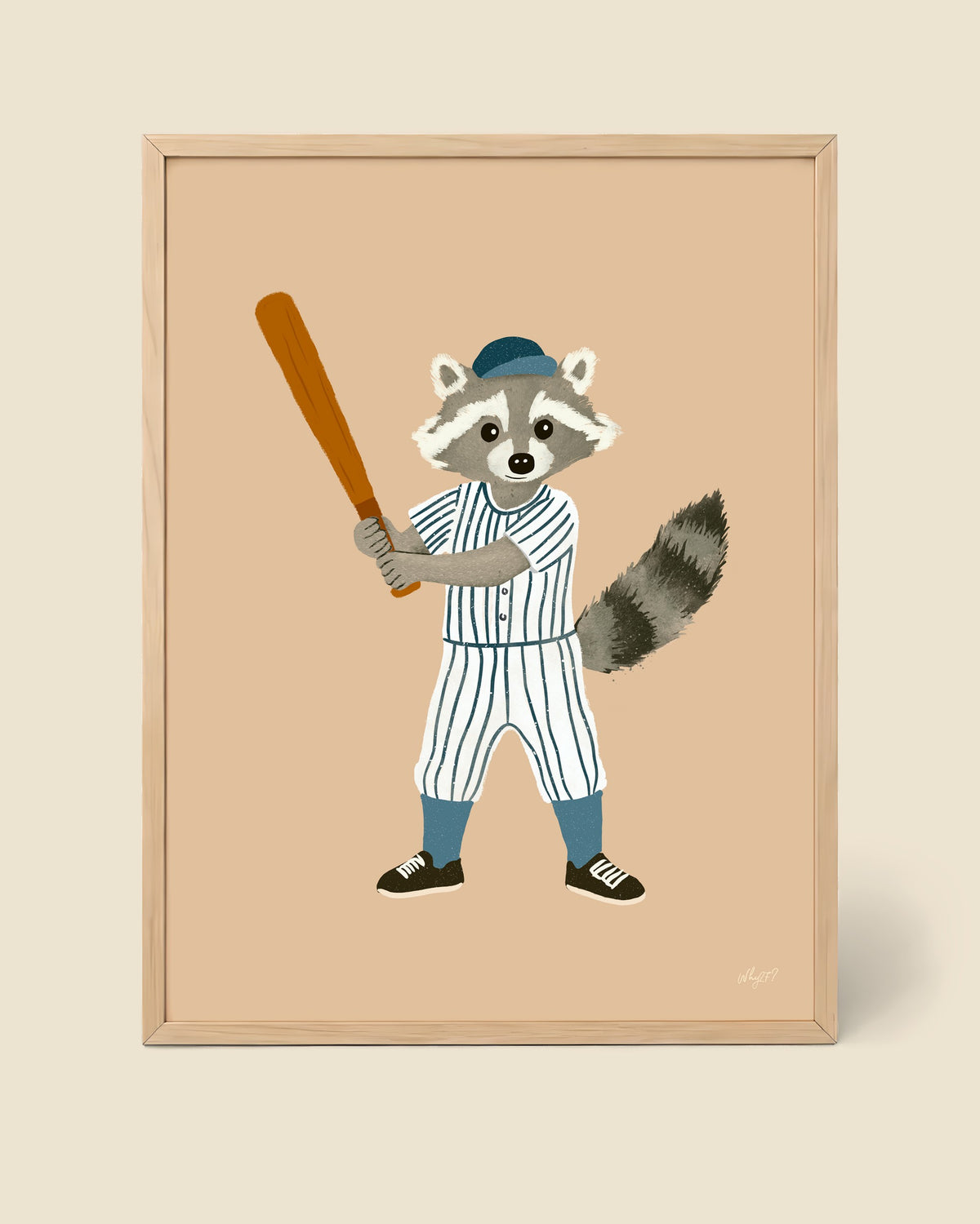 Big Hitter Raccoon Poster framed in a natural wood frame