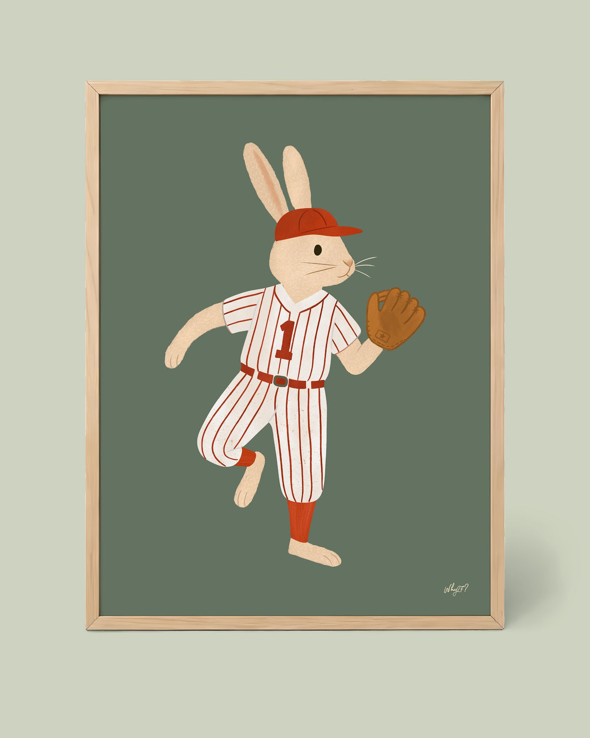 Little Slugger Bunny Poster framed in a natural wood frame