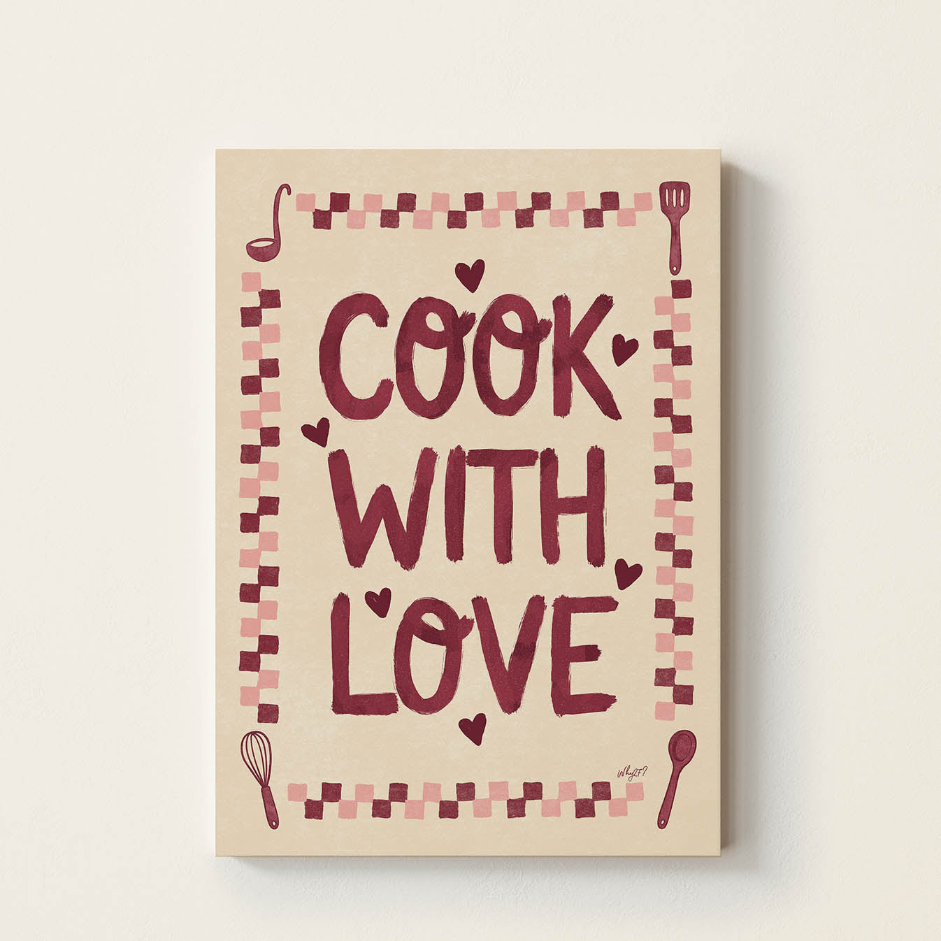 Hand-drawn typography poster featuring the words "Cook With Love" surrounded by retro kitchen utensils and a checkerboard border, decorative wall art for family kitchens and play kitchens.