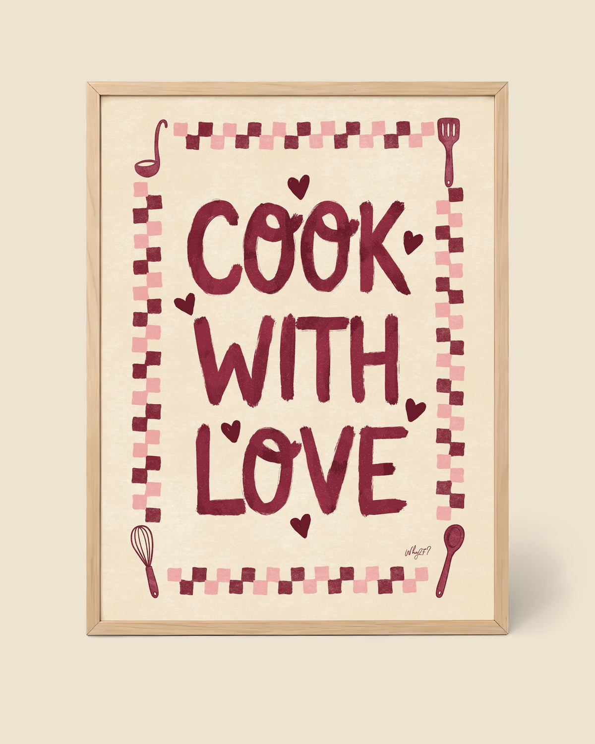 Little Kitchen Love Poster framed in a natural wood frame