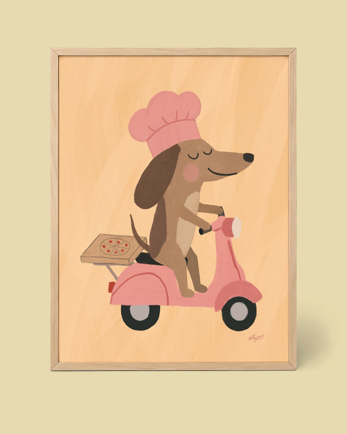 Delivery Chef Dog Poster framed in a natural wood frame