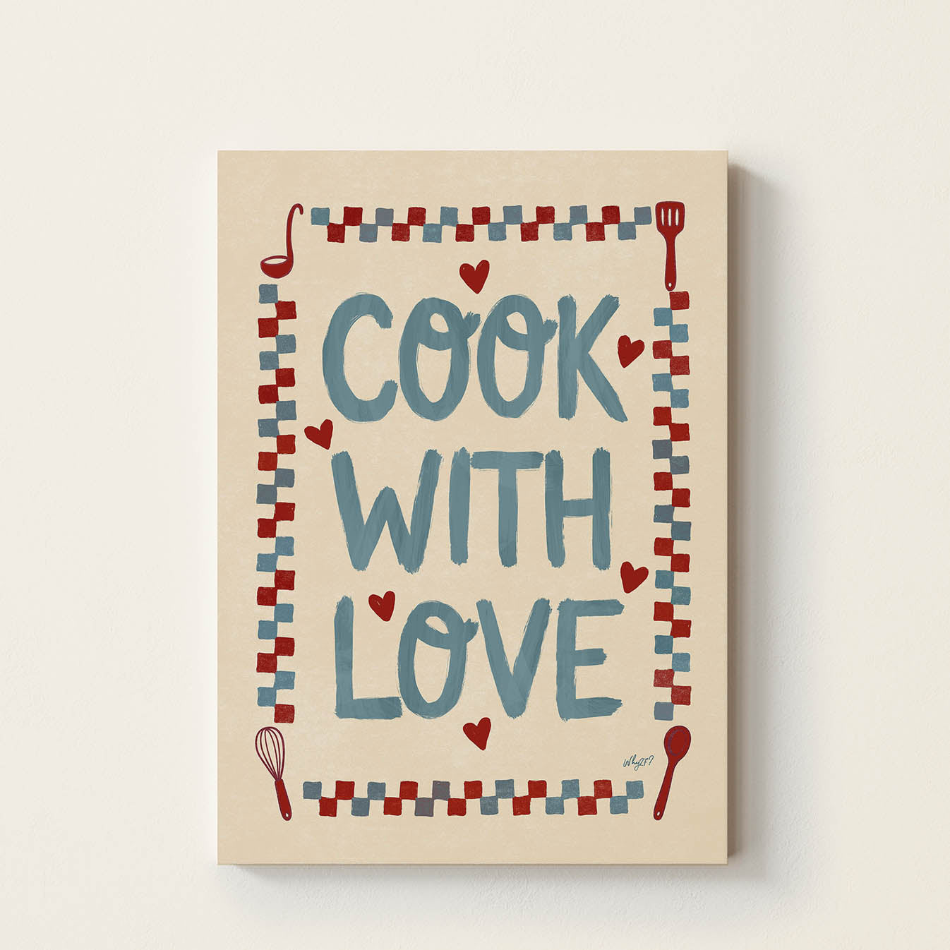 Hand-drawn typography poster displaying the words "Cook With Love" with a colourful retro checkerboard border and kitchen utensils, decorative wall art for family kitchens, dining rooms, and play kitchens.
