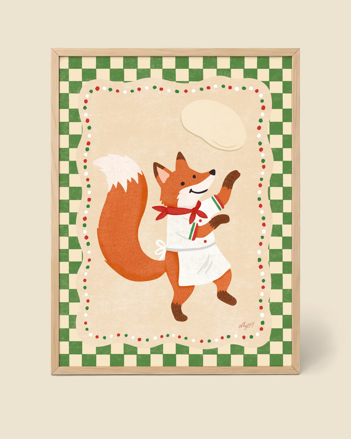 Pizza Chef Fox Poster framed in a natural wood frame