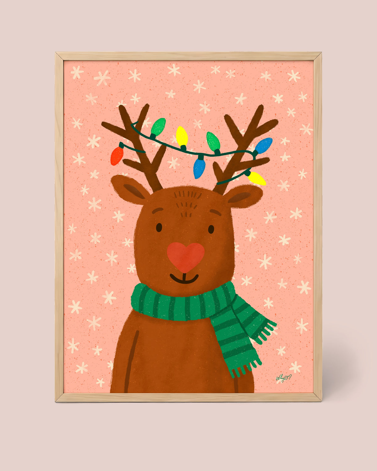 Reindeer With Lights Poster framed in a natural wood frame