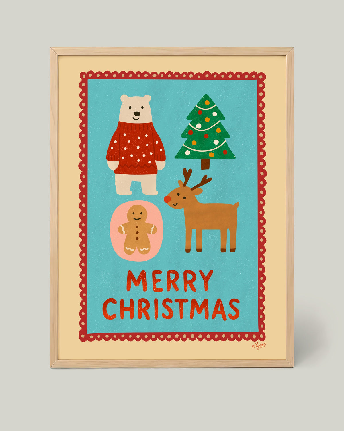 Merry Christmas Animals Poster framed in a natural wood frame