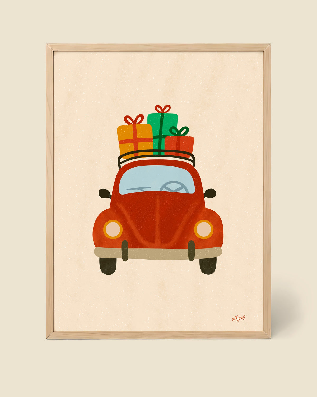 Christmas Car With Gifts Poster framed in a natural wood frame