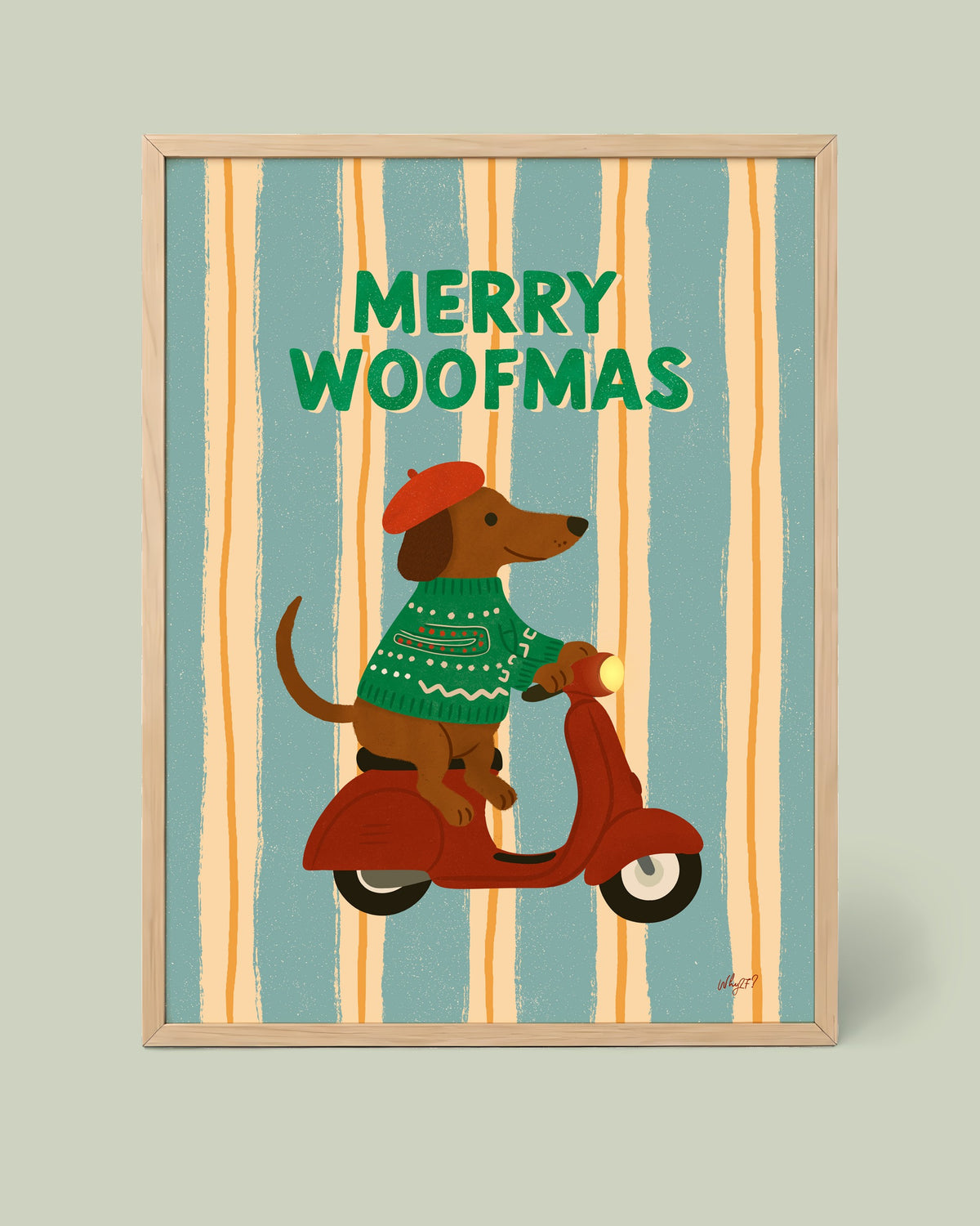 Merry Woofmas Poster framed in a natural wood frame