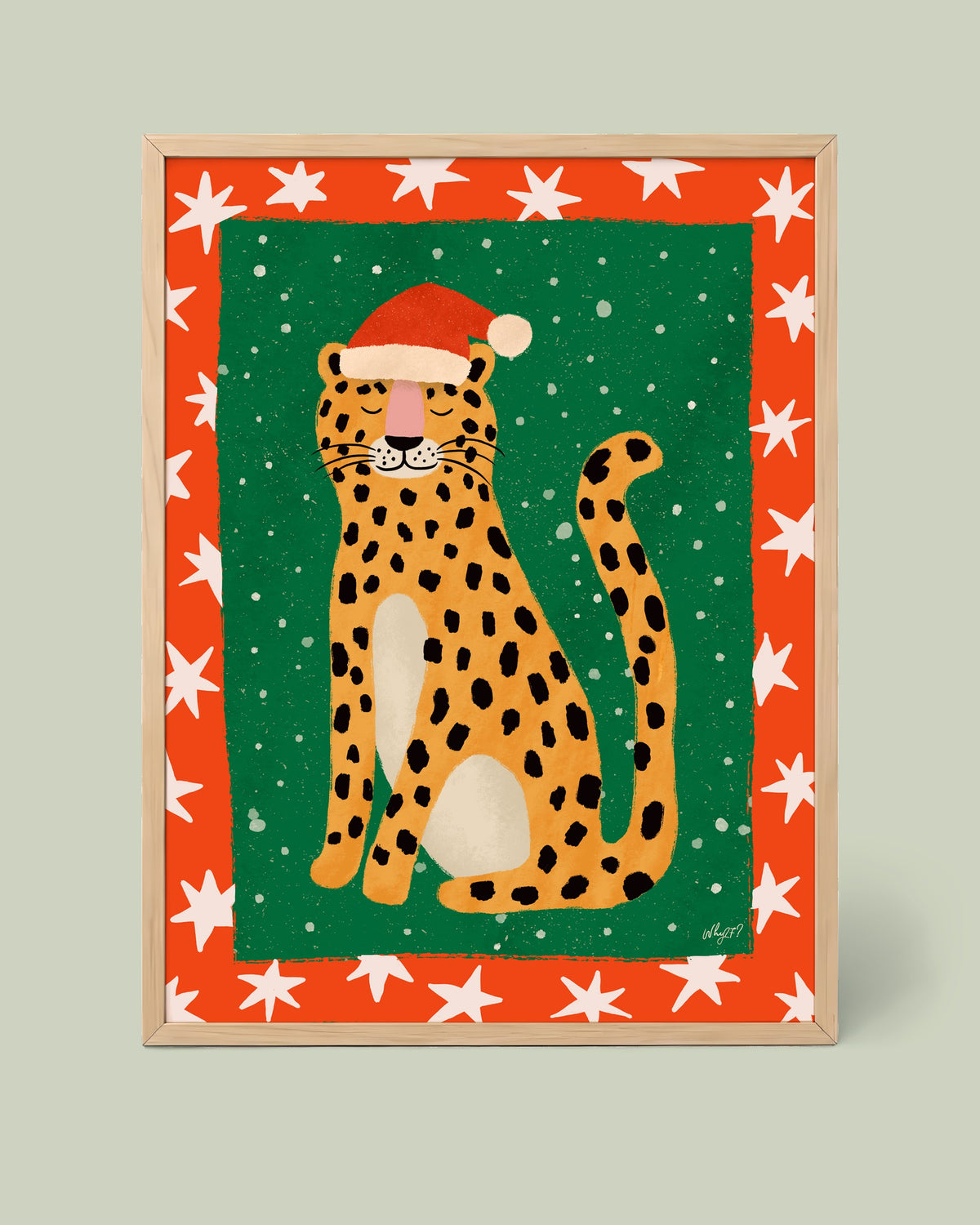 Christmas Tiger Poster framed in a natural wood frame