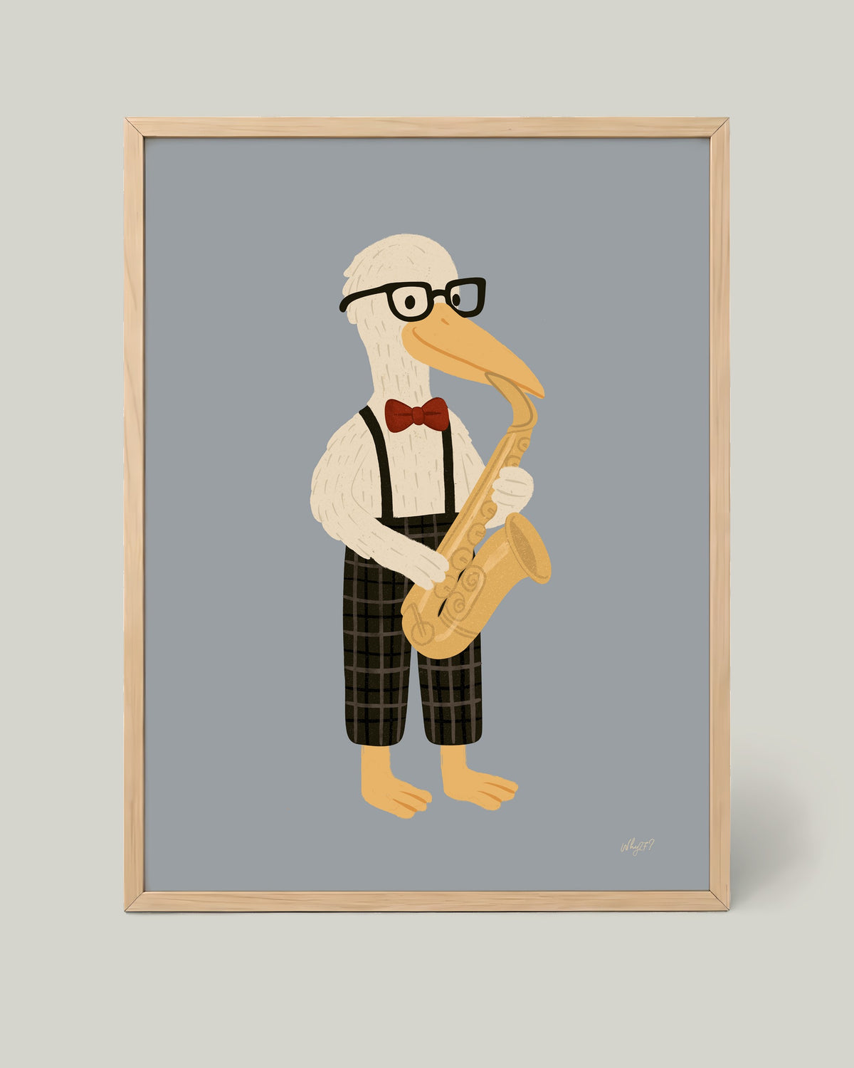 Saxophone Pelican Poster framed in a natural wood frame
