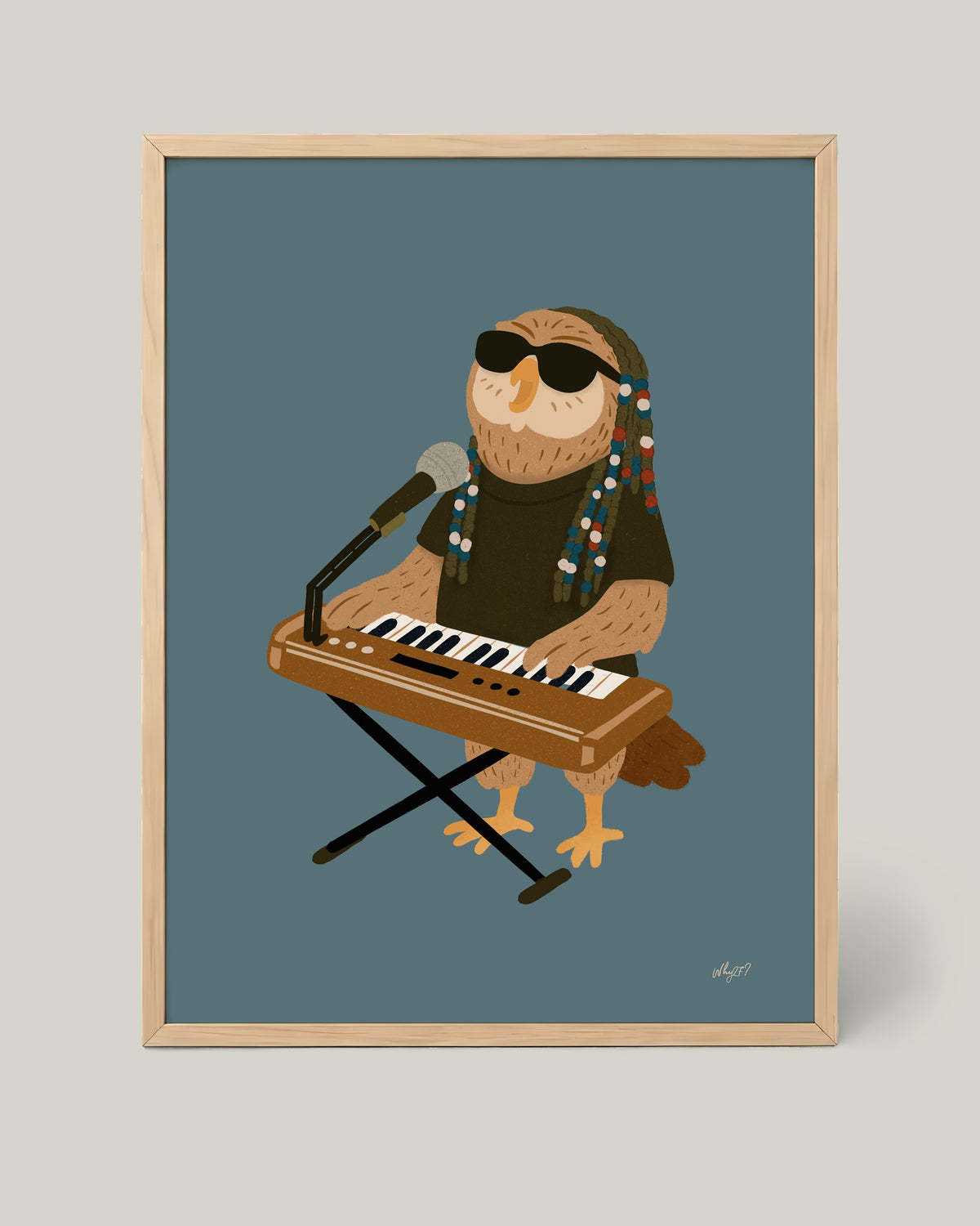 Keyboard Owl Poster framed in a natural wood frame