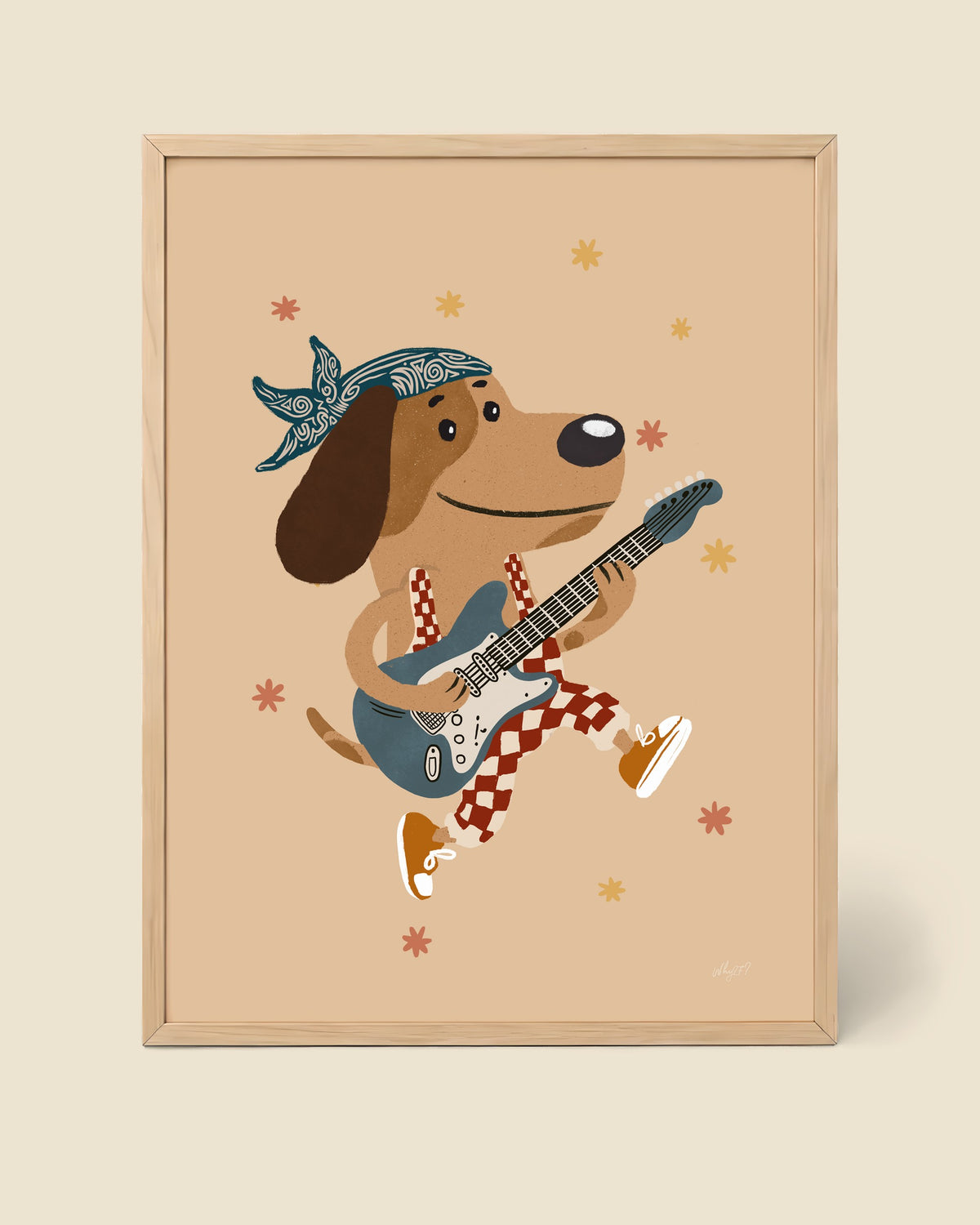 Rocker Dog Bandana Poster framed in a natural wood frame