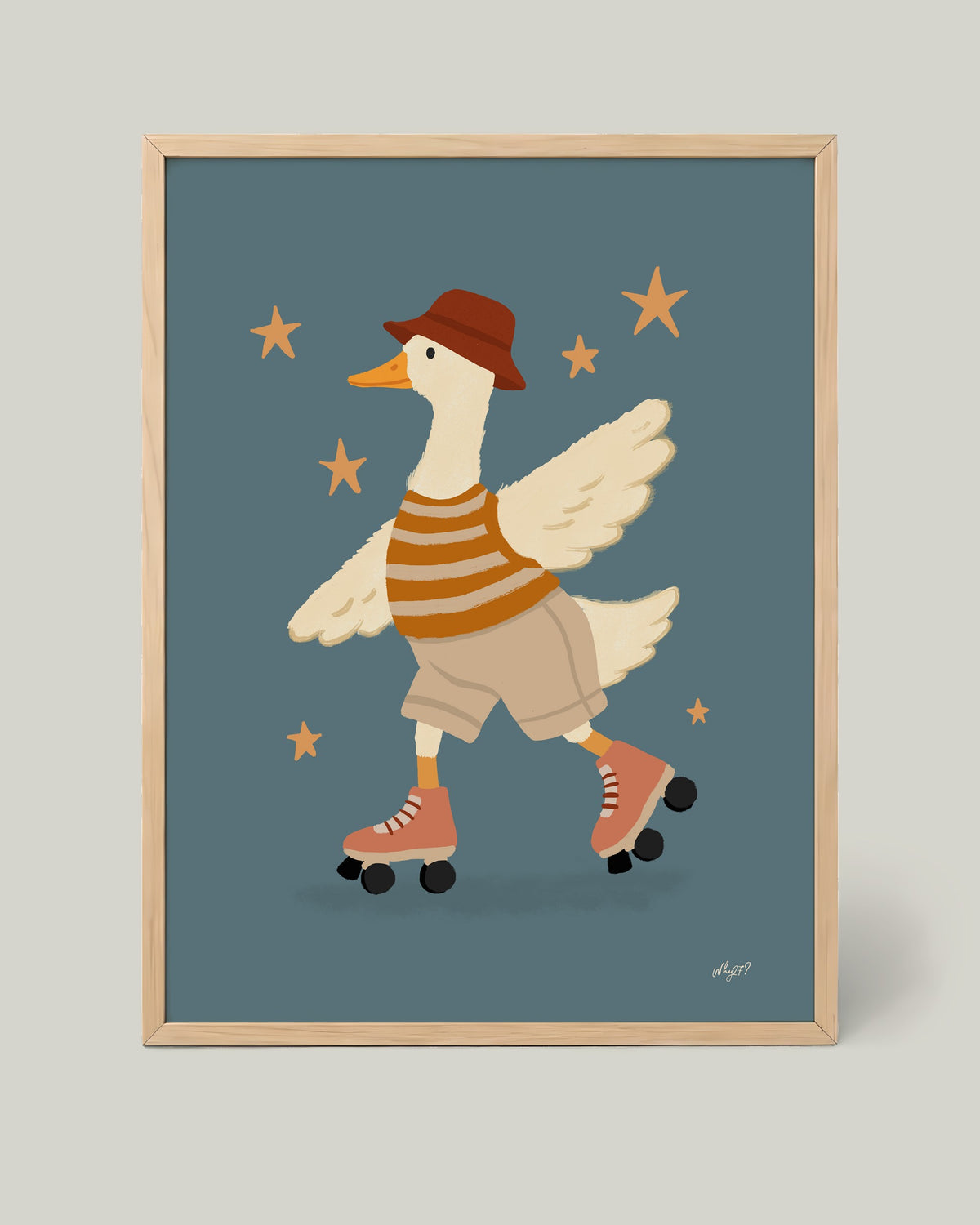 Roller Skating Goose Star Poster framed in a natural wood frame