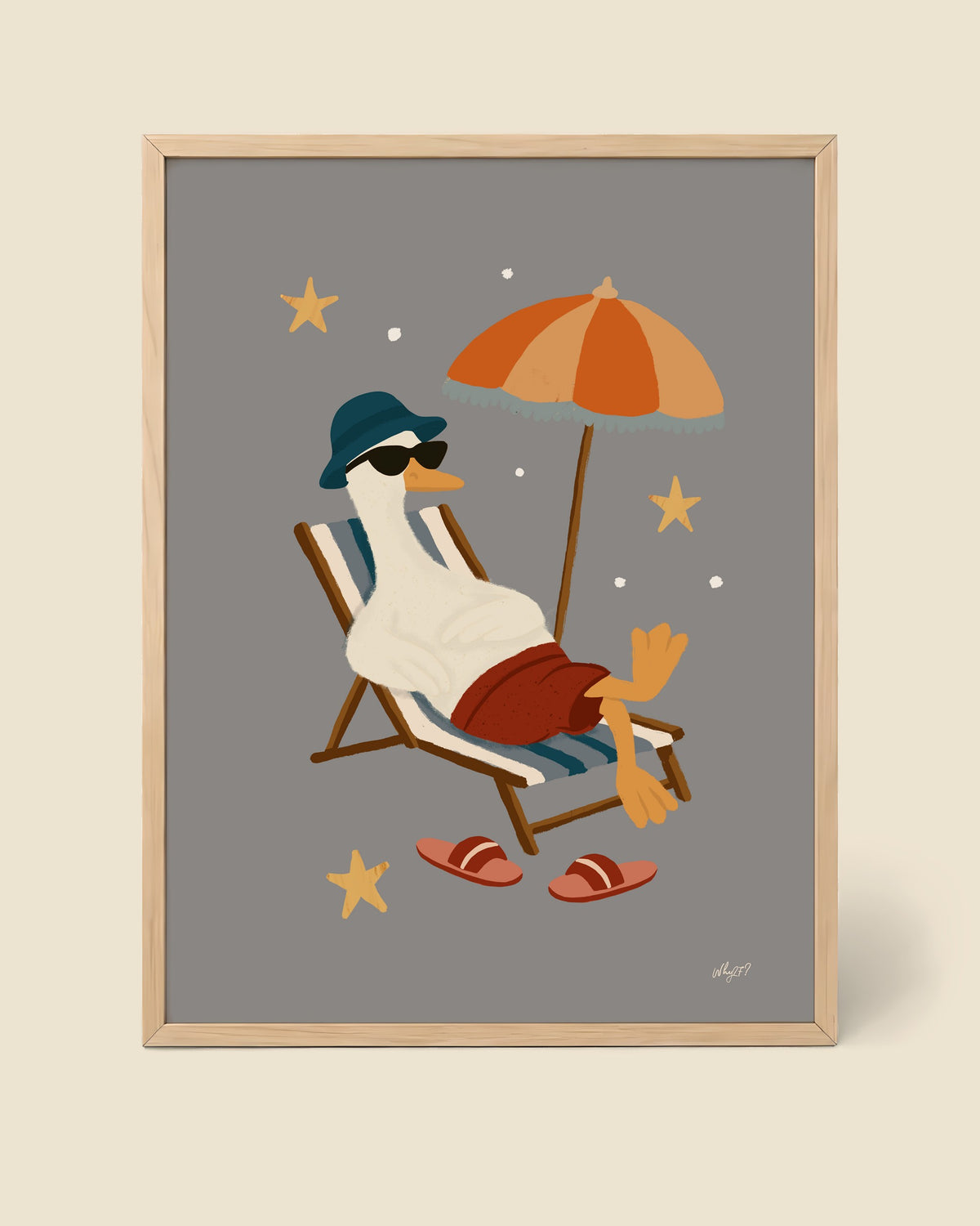 Beach Chair Goose Poster framed in a natural wood frame
