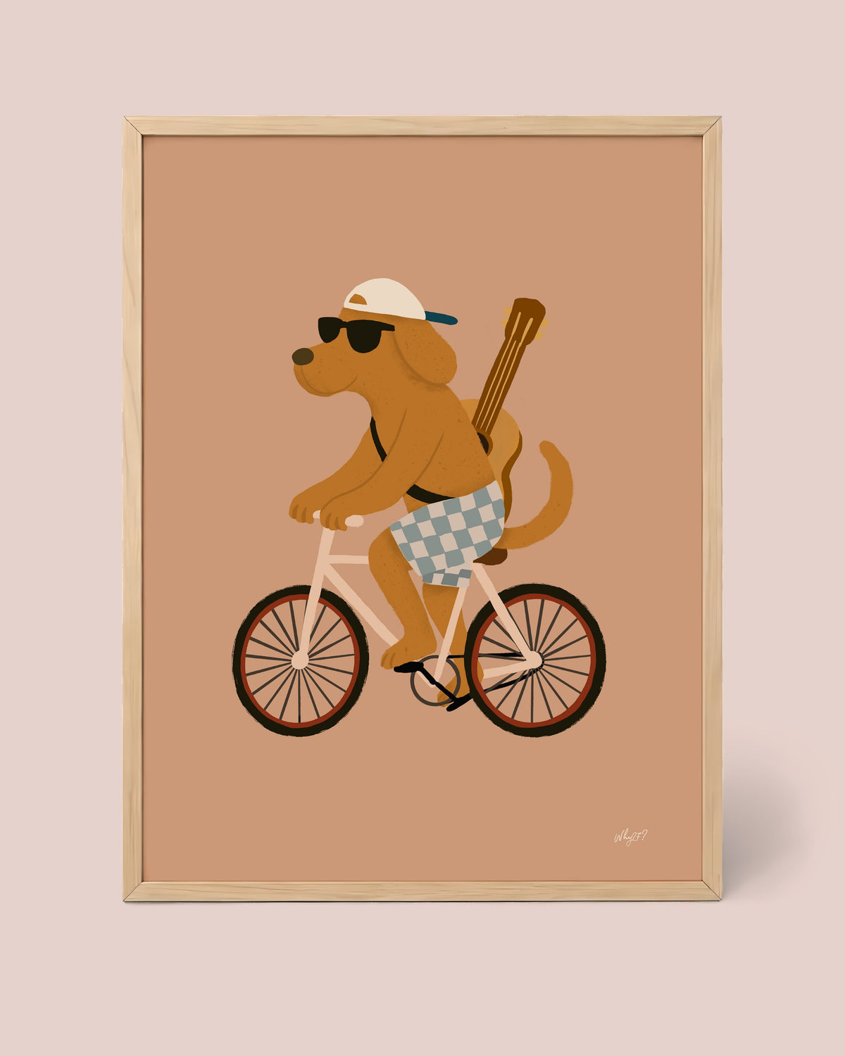 Bike Dog Star Poster framed in a natural wood frame