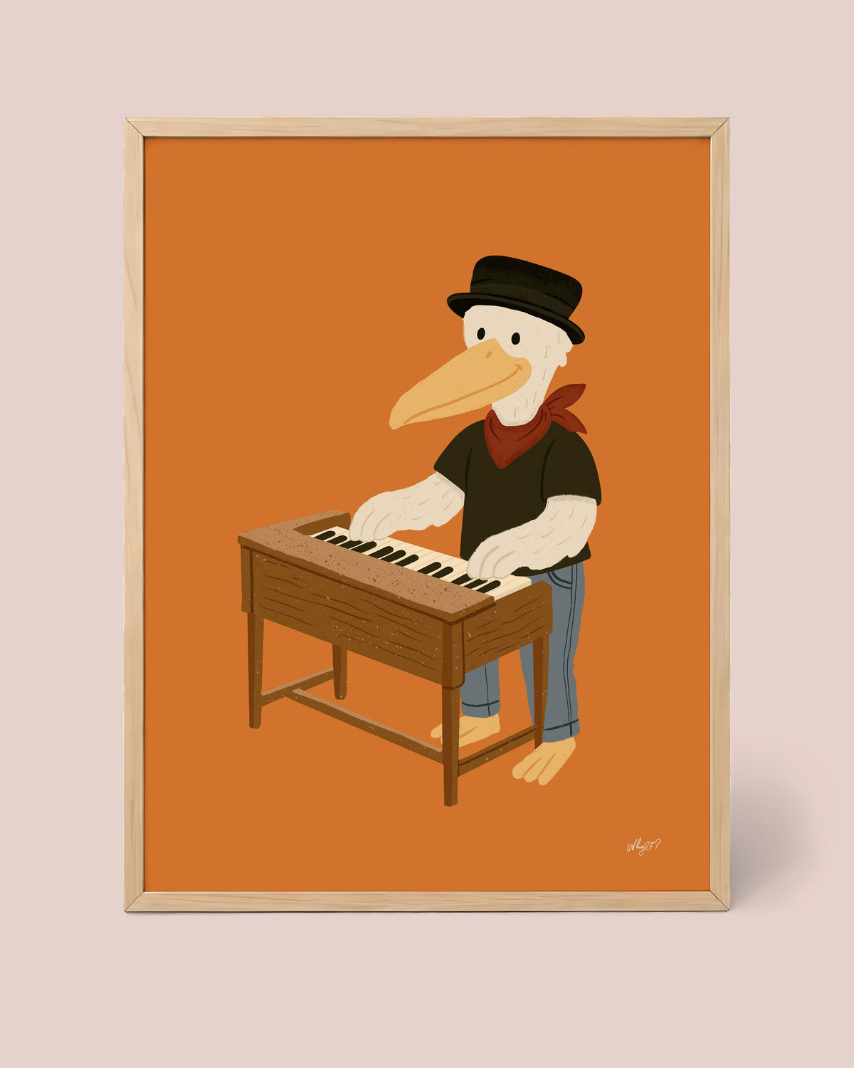 Pianist Pelican Poster framed in a natural wood frame