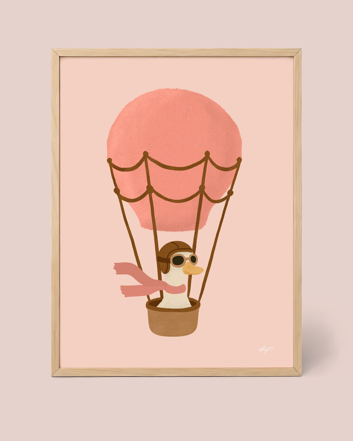 Pink Hot Air Balloon Pilot Poster framed in a natural wood frame