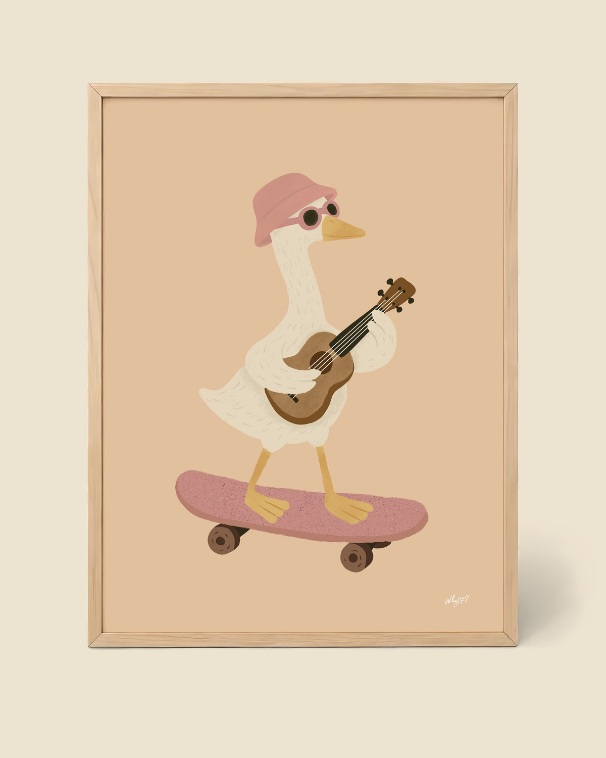 Guitar Skate Goose Poster framed in a natural wood frame