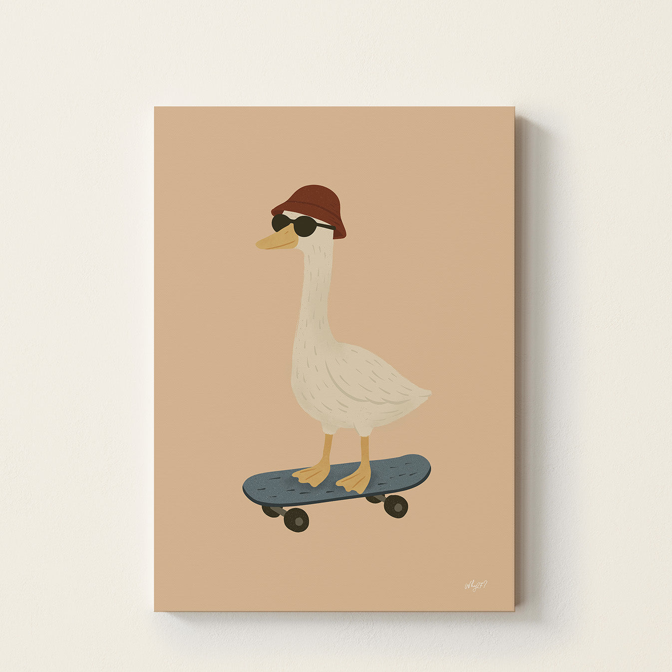 Goose skateboarding poster featuring a playful goose wearing sunglasses and a beanie riding a skateboard on a warm neutral background.