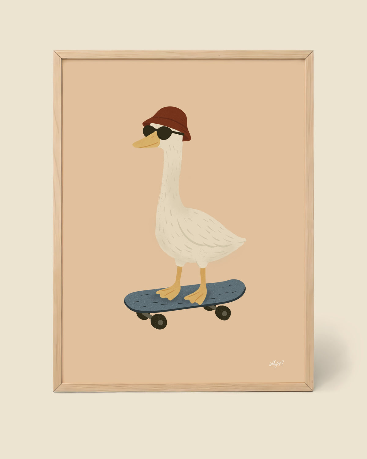 Goose Skateboarding Poster framed in a natural wood frame
