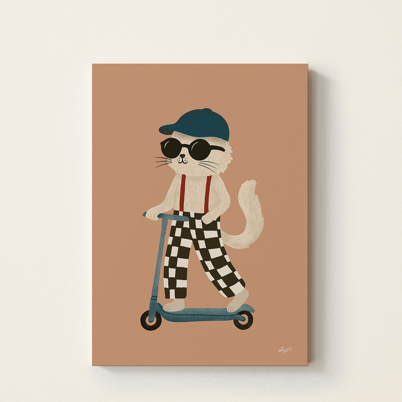 Cat on scooter poster featuring a stylish white cat wearing sunglasses, checkered trousers, and suspenders riding a blue scooter on a warm neutral background.