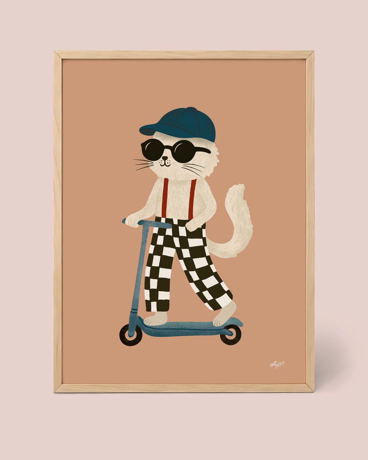 Cat on Scooter Poster framed in a natural wood frame