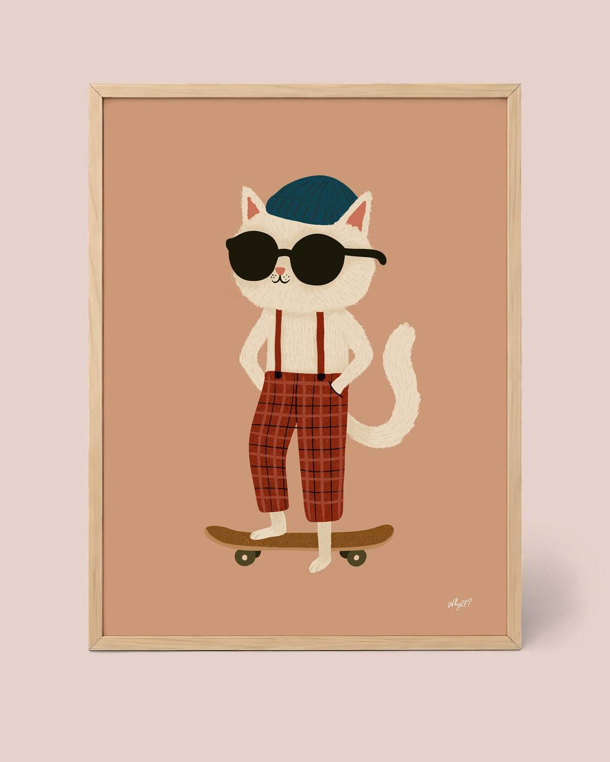 Cool Cat Skater Poster framed in a natural wood frame