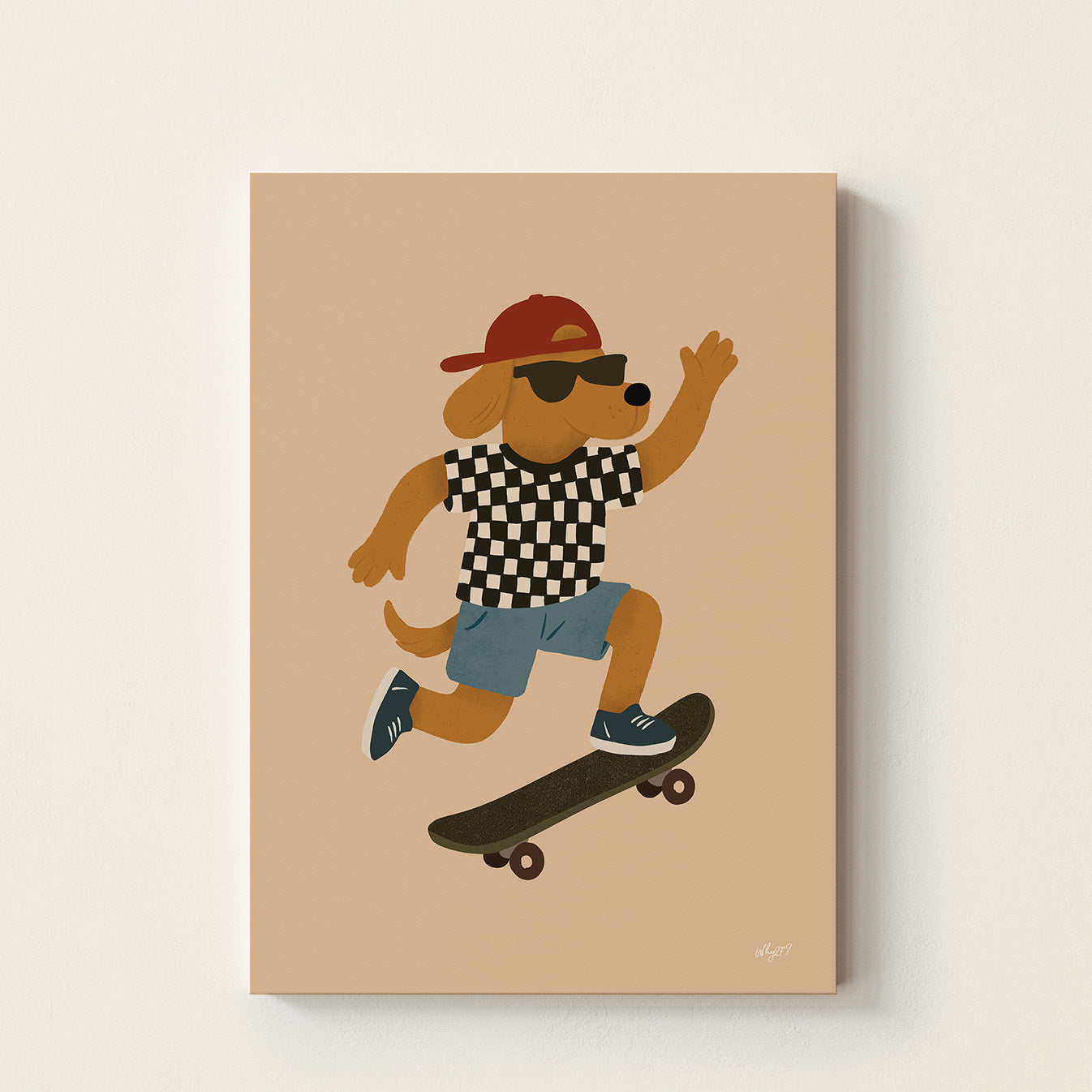 Cool dog skater poster featuring a dog wearing sunglasses, a red cap, and a checkered shirt performing a skateboard trick against a warm neutral background.