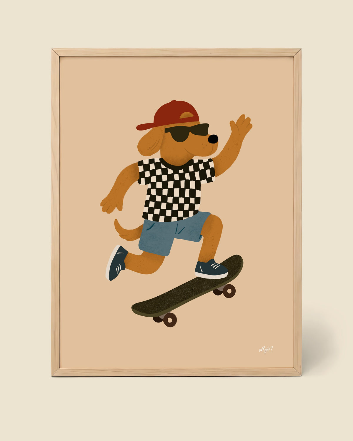Cool Dog Skater Poster framed in a natural wood frame
