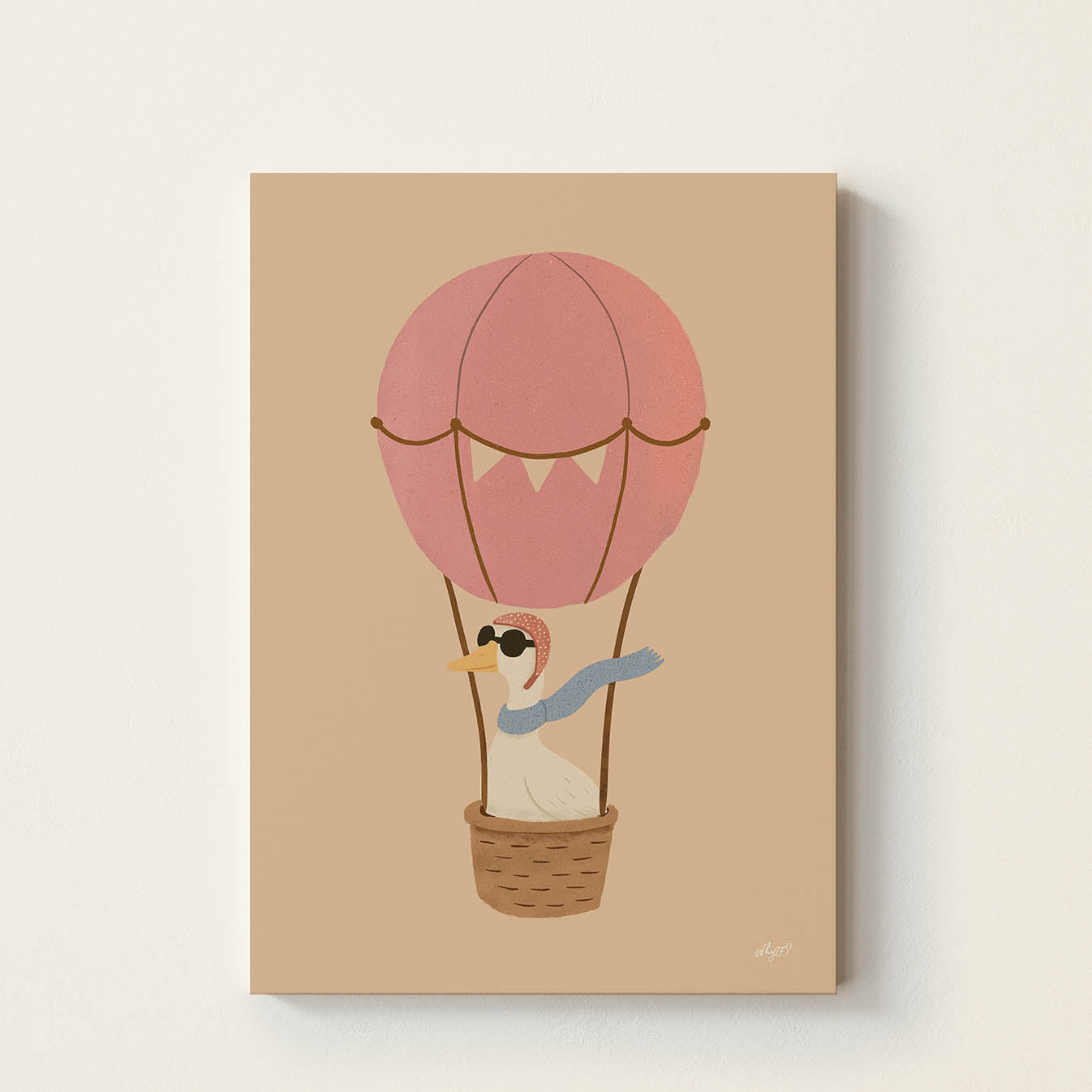 Hand-drawn goose wearing sunglasses and a cozy scarf floating in a vintage pink hot air balloon, whimsical nursery wall art for bedrooms, playrooms, and children's rooms.