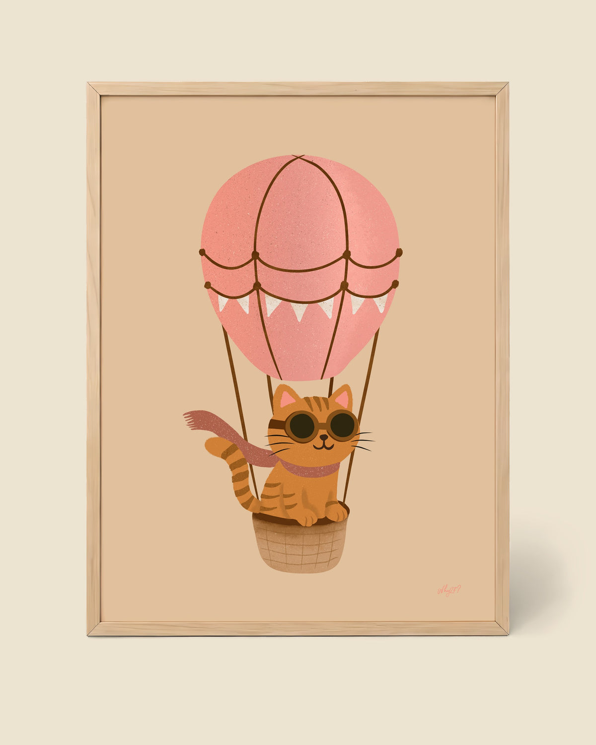 Cat Balloon Pink Poster framed in a natural wood frame