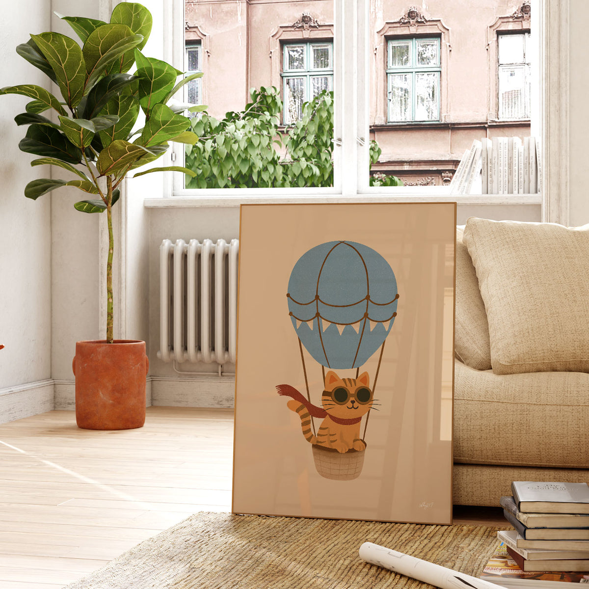 Cat Balloon Blue Poster