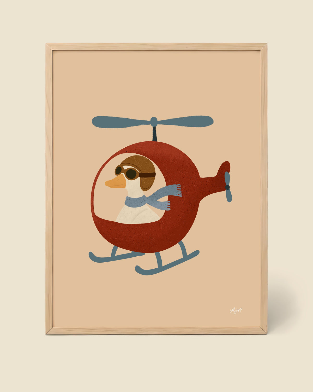 Red Helicopter Goose Poster framed in a natural wood frame