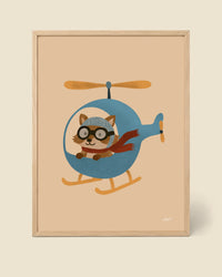 Poster Waschbär im blauen Helikopter