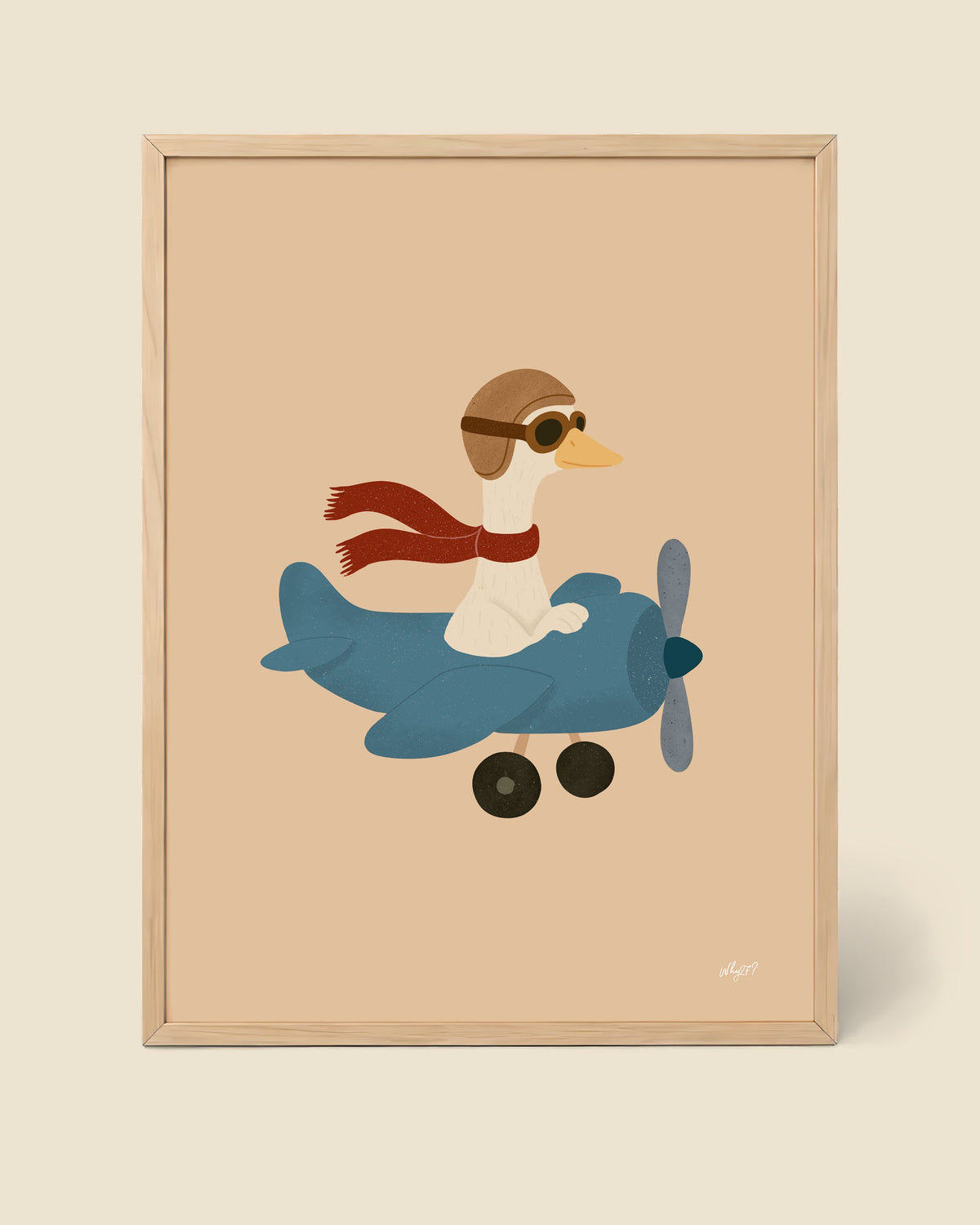 Goose In A Plane Poster framed in a natural wood frame