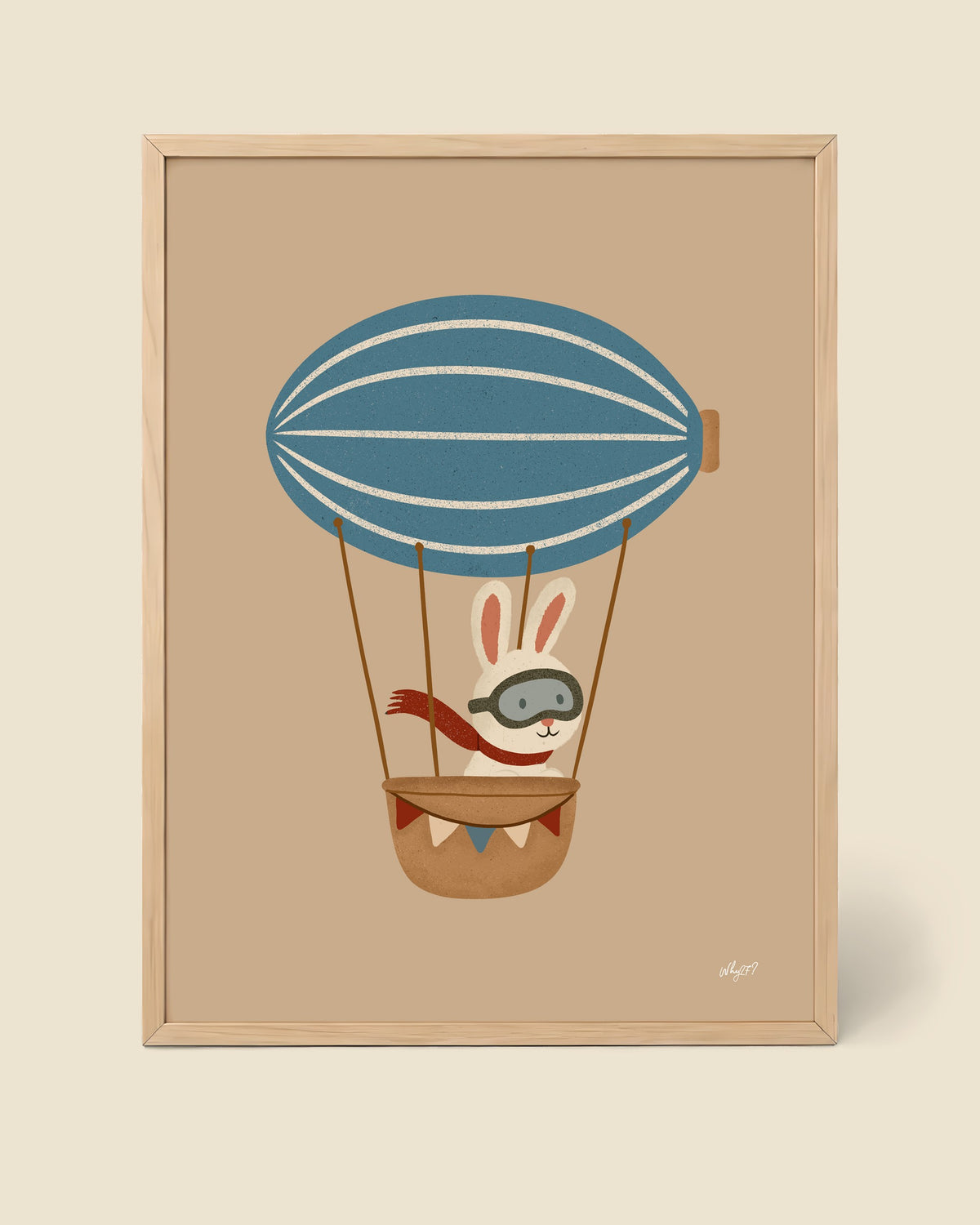 Rabbit Balloon Poster framed in a natural wood frame