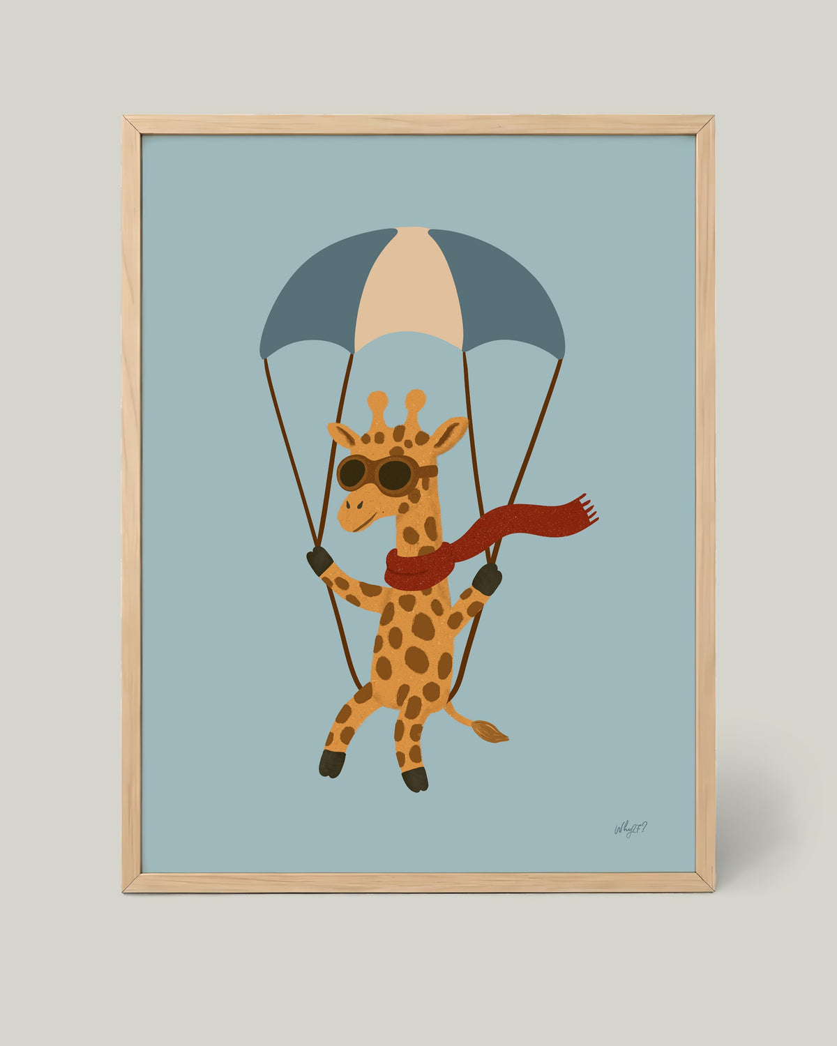 Paragliding Giraffe Poster framed in a natural wood frame