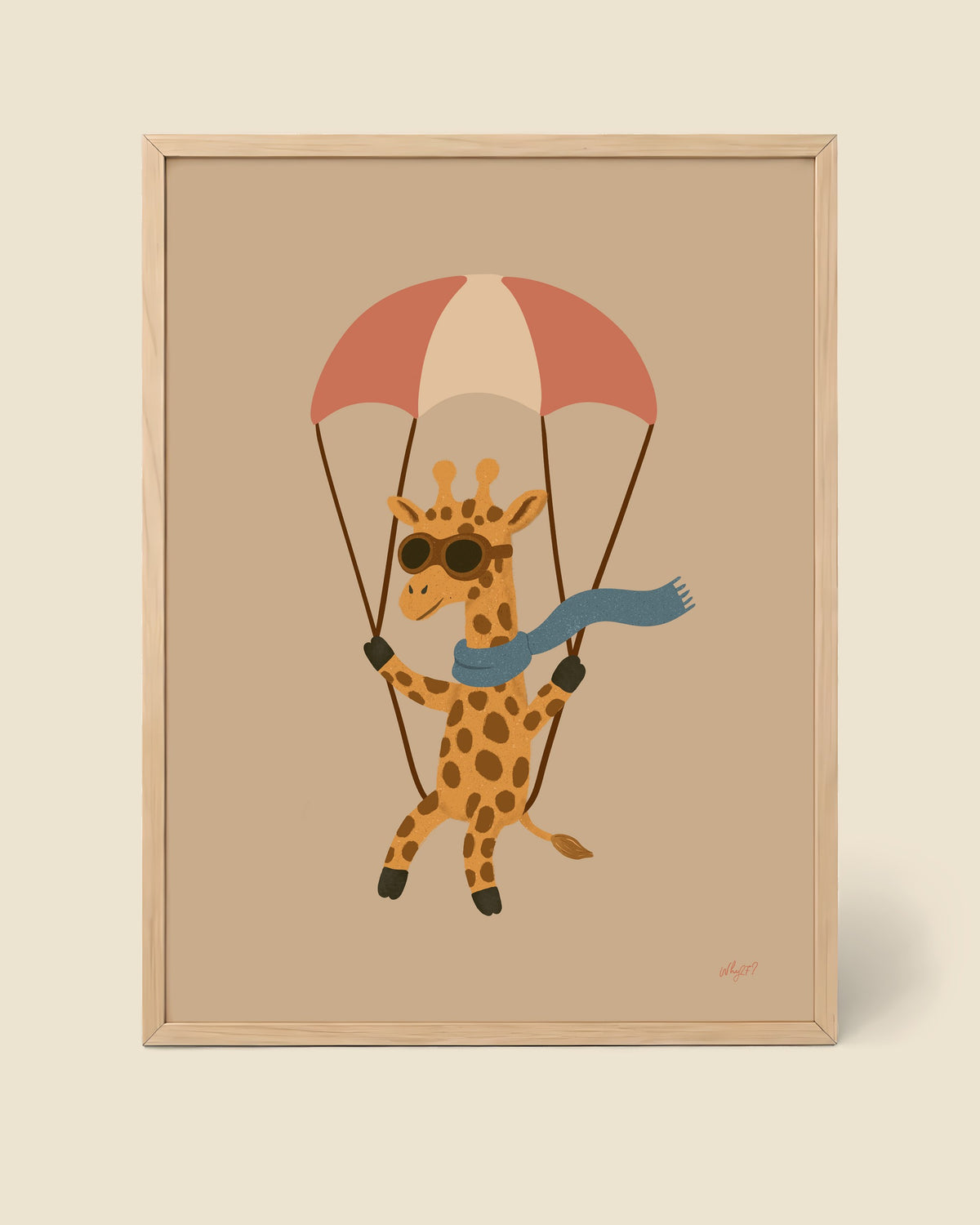 Giraffe In The Sky Poster framed in a natural wood frame