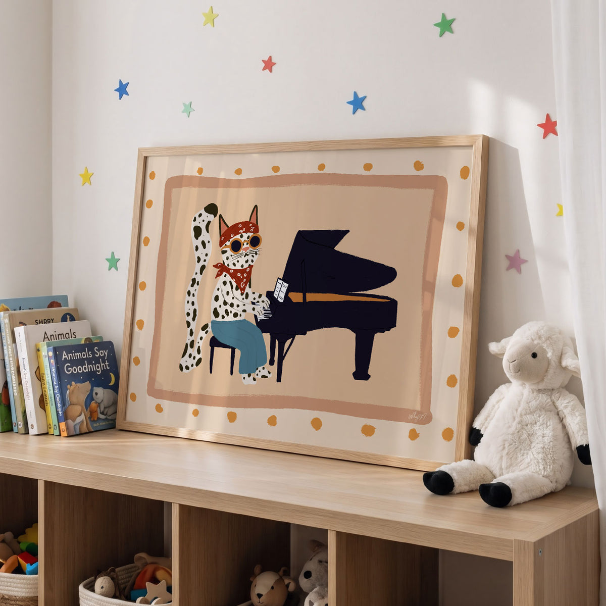Landscape poster of a spotted cat in sunglasses playing a grand piano