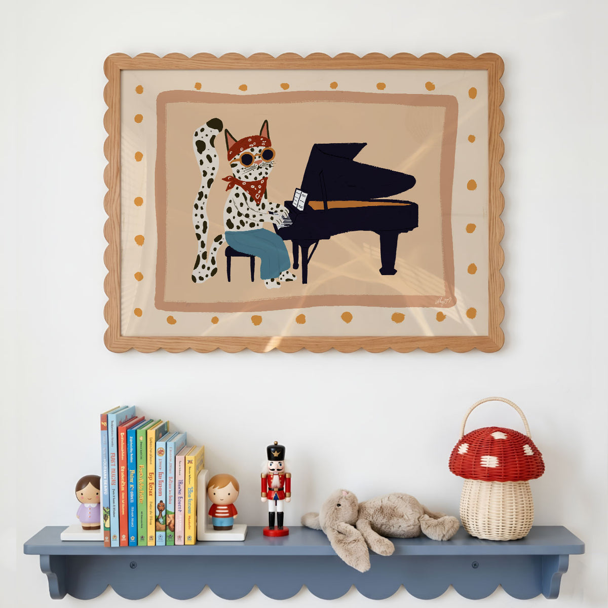 Landscape poster of a spotted cat in sunglasses playing a grand piano