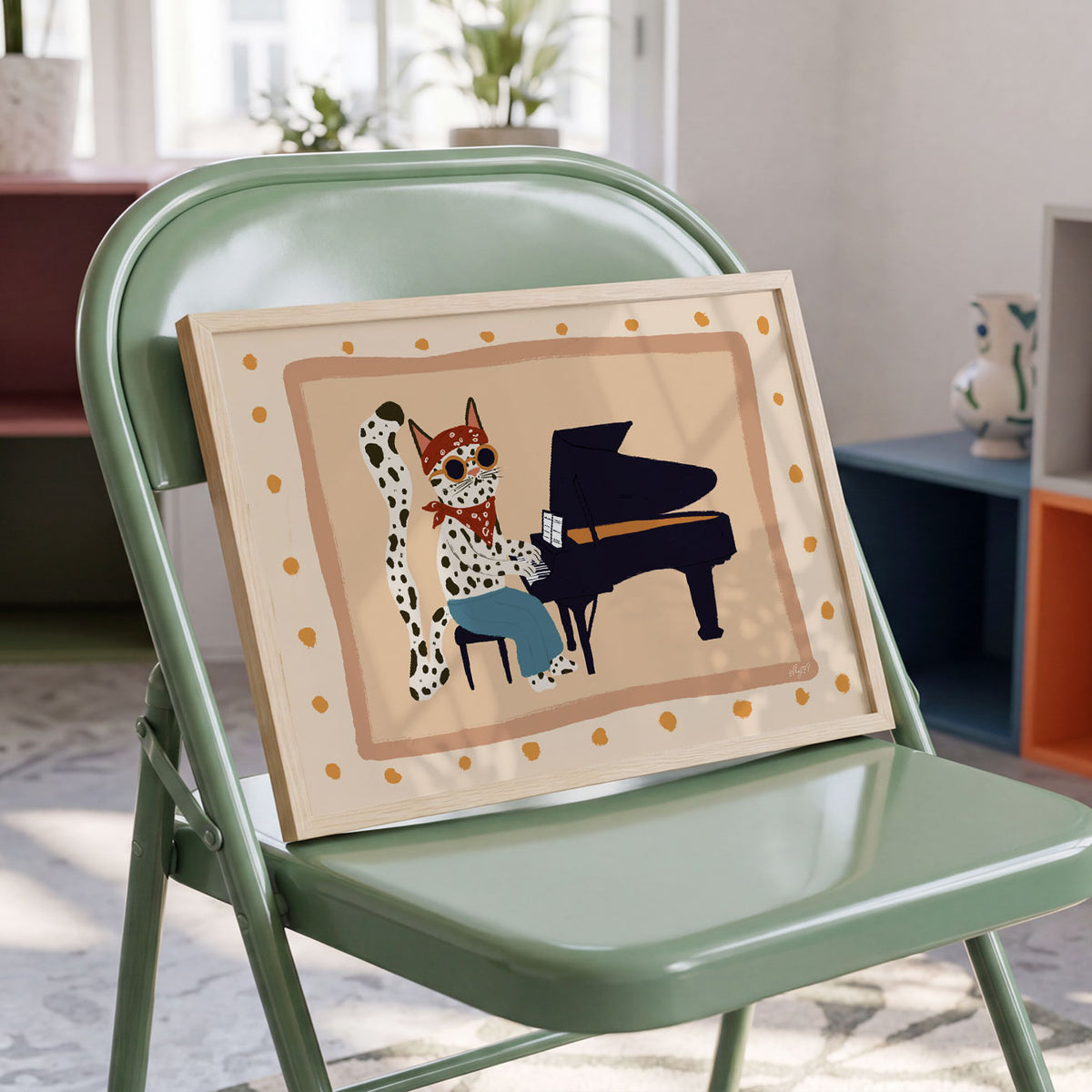 Landscape poster of a spotted cat in sunglasses playing a grand piano
