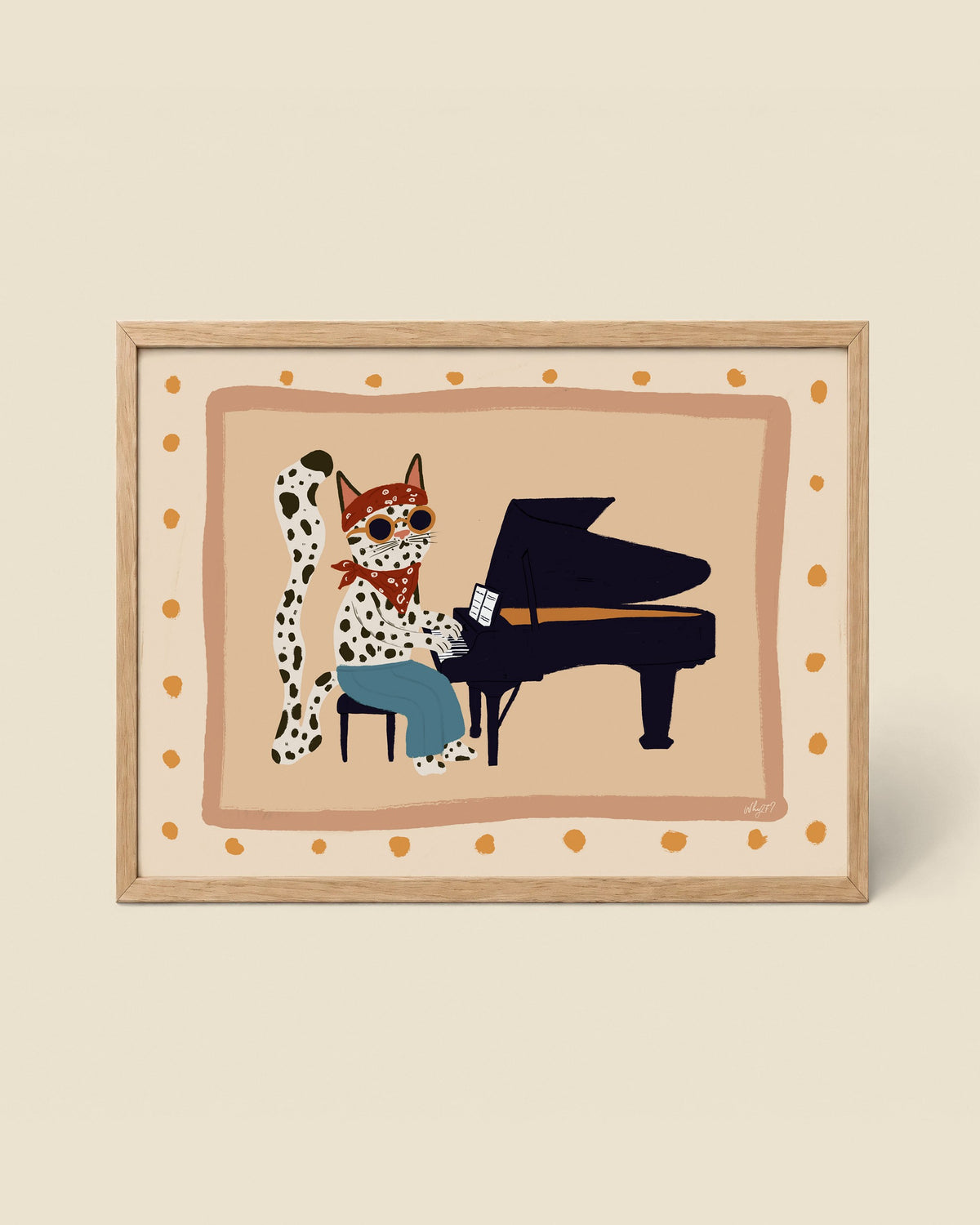 Pianist Cat Poster framed in a natural wood frame