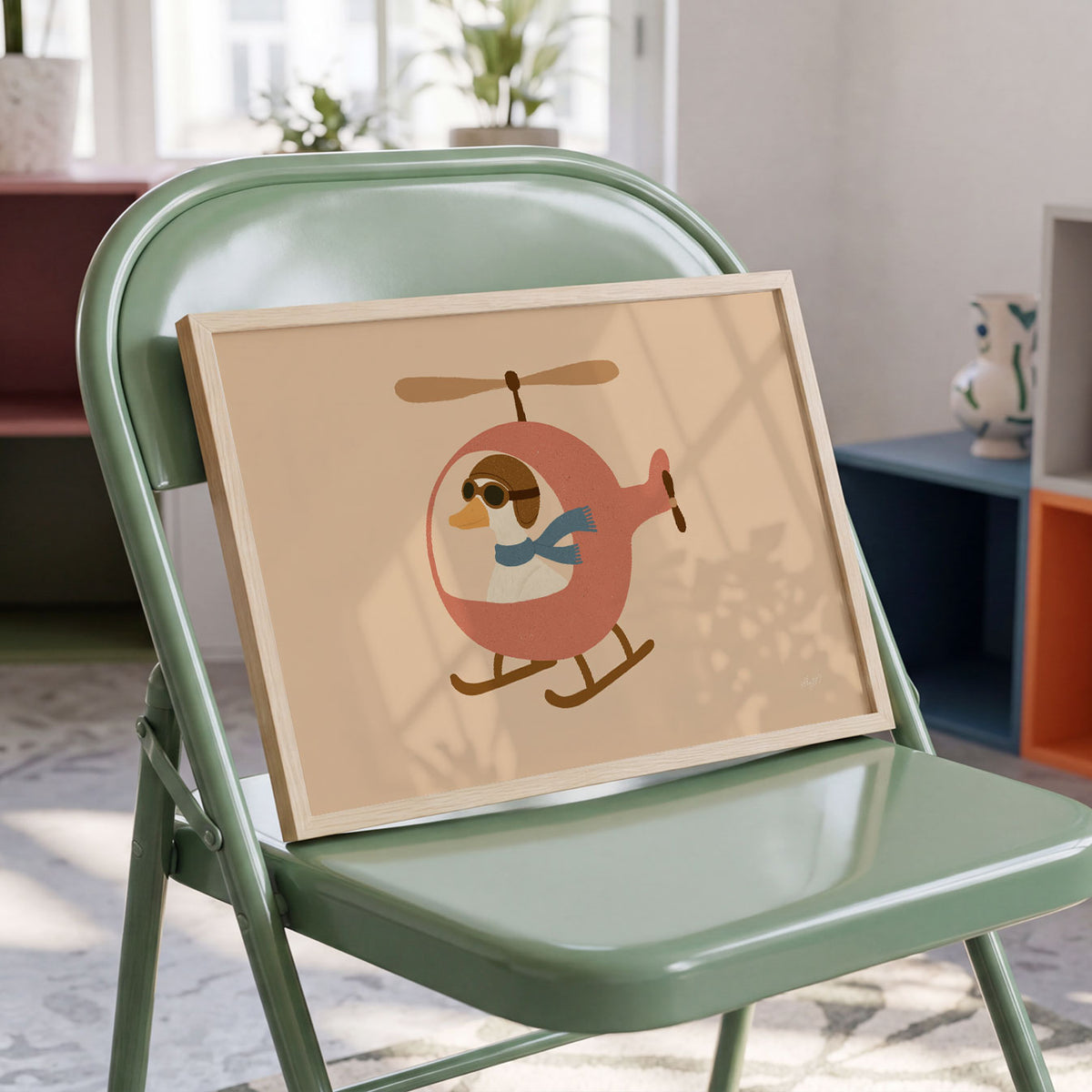 Landscape poster of a goose in a flying cap piloting a small pink helicopter
